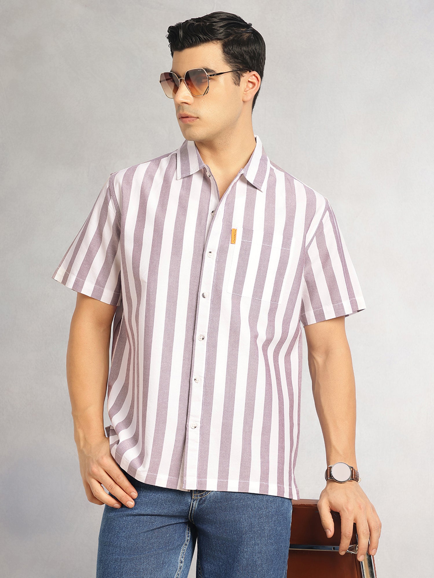 Thomas Scott Men Maroon Cricket Club Collection Oversized Short Sleeves Cuban Collar Vertical Striped 100% Cotton Oxford Casual Shirt