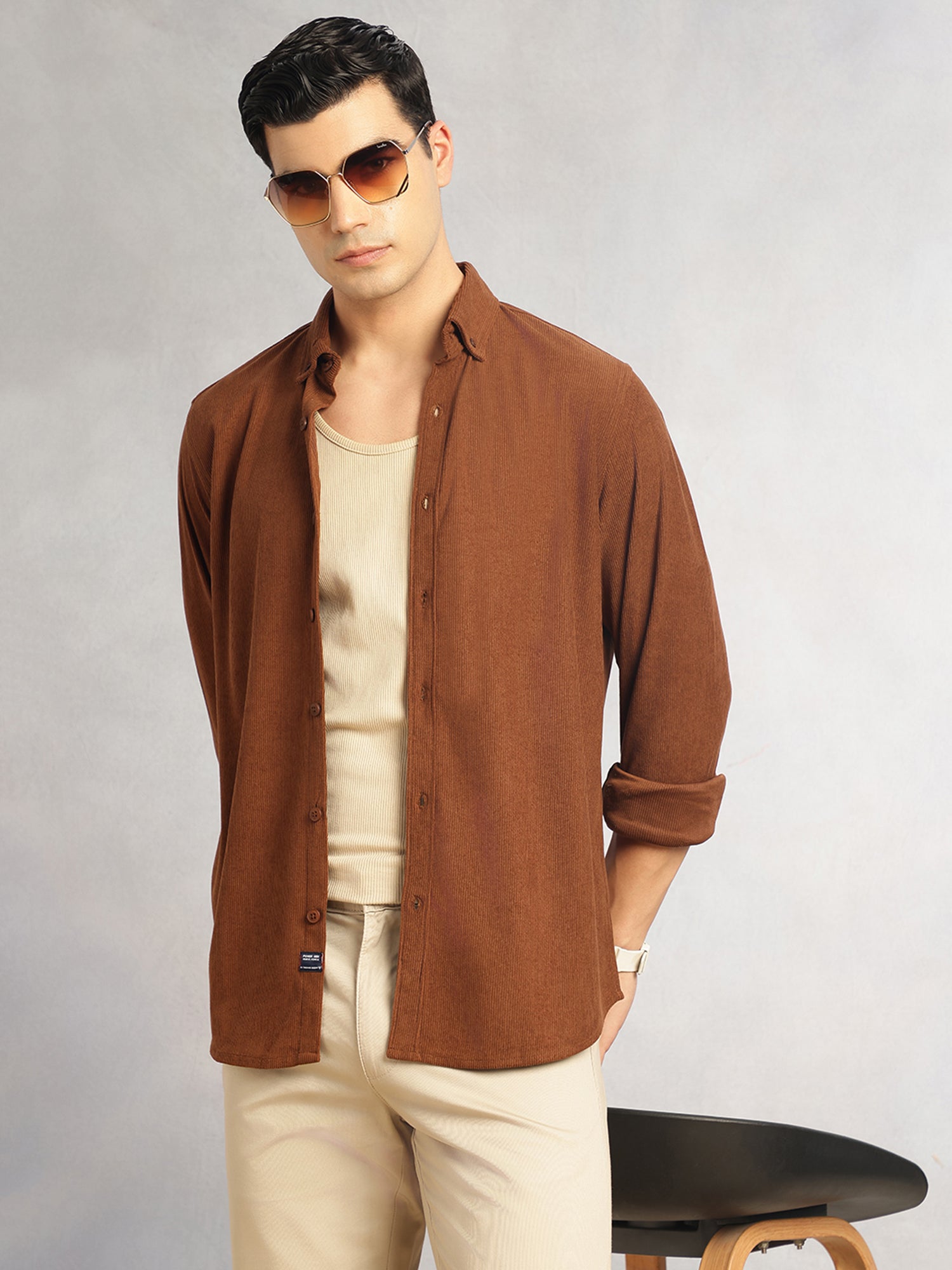 Thomas Scott Men Brown Slim Fit Long Sleeves Button-Down Collar Corduroy Shirt