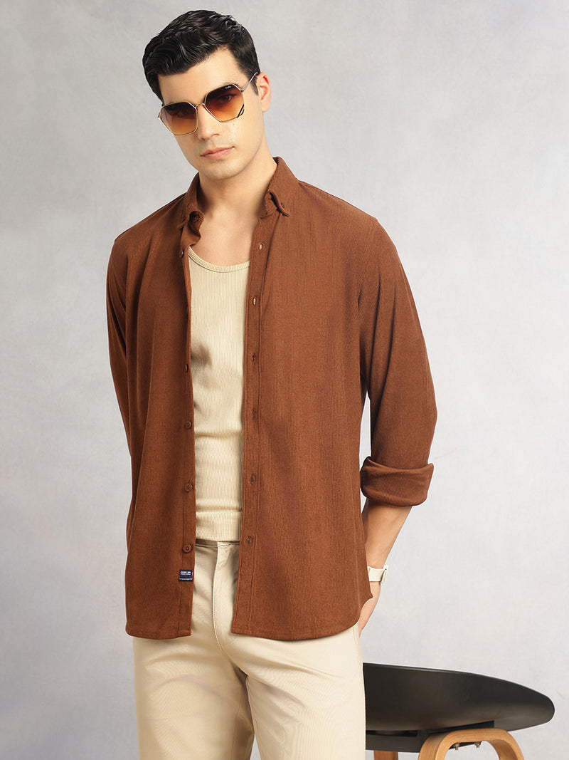 Thomas Scott Men Brown Slim Fit Long Sleeves Button-Down Collar Corduroy Shirt