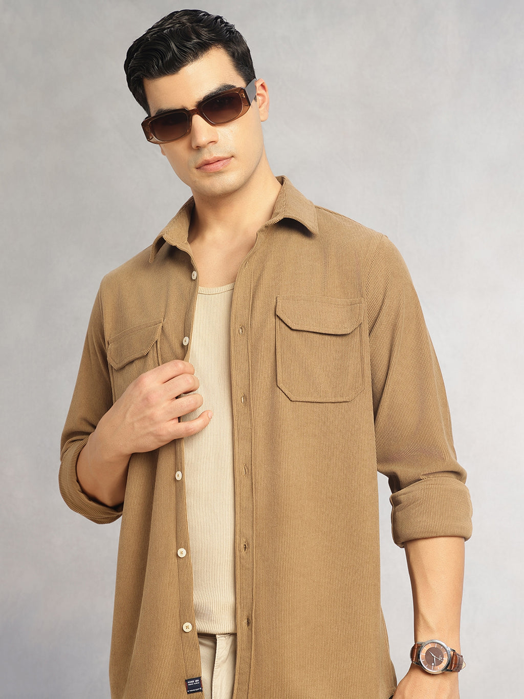 Thomas Scott Men Khaki Regular Fit Long Sleeves Spread Collar Corduroy Casual Shirt