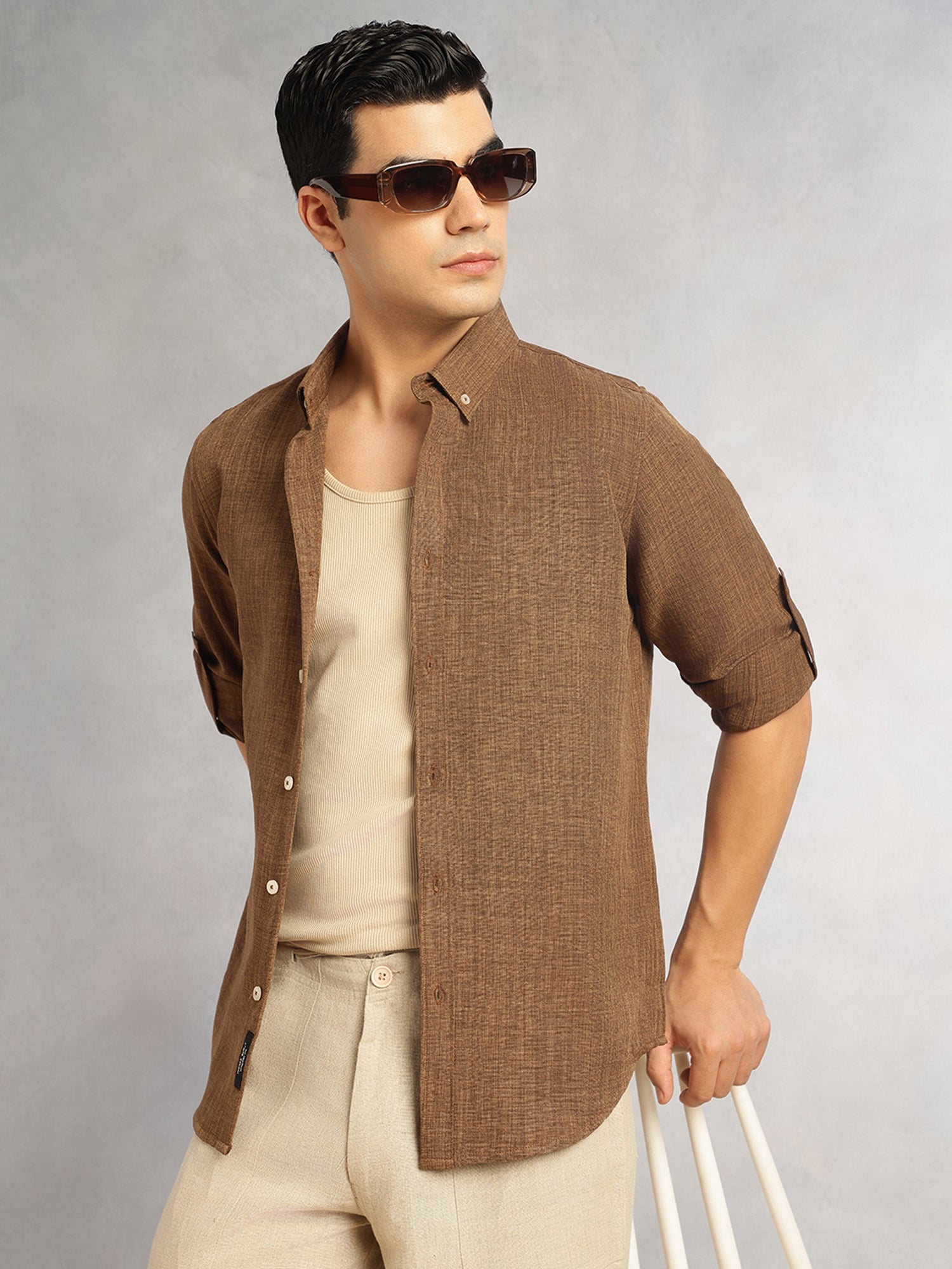 Thomas Scott Men Coffee Slim Fit Long Sleeves Button-Down Collar Polyester Casual Shirt