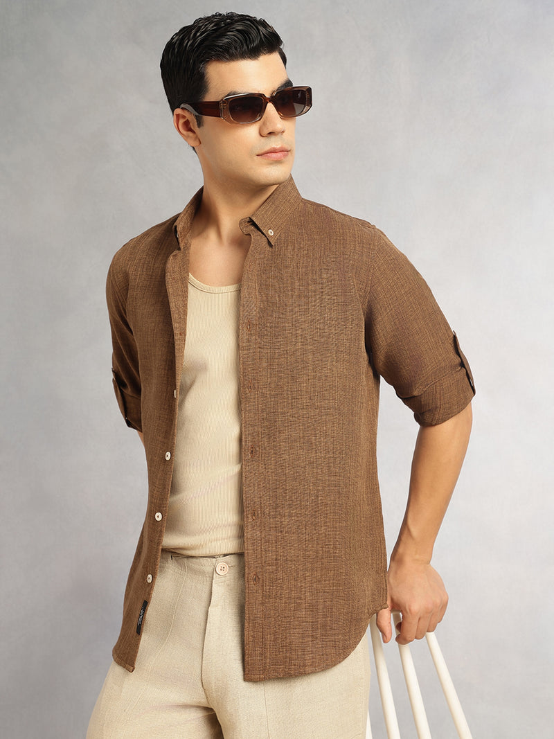 Thomas Scott Men Coffee Slim Fit Long Sleeves Button-Down Collar Polyester Casual Shirt