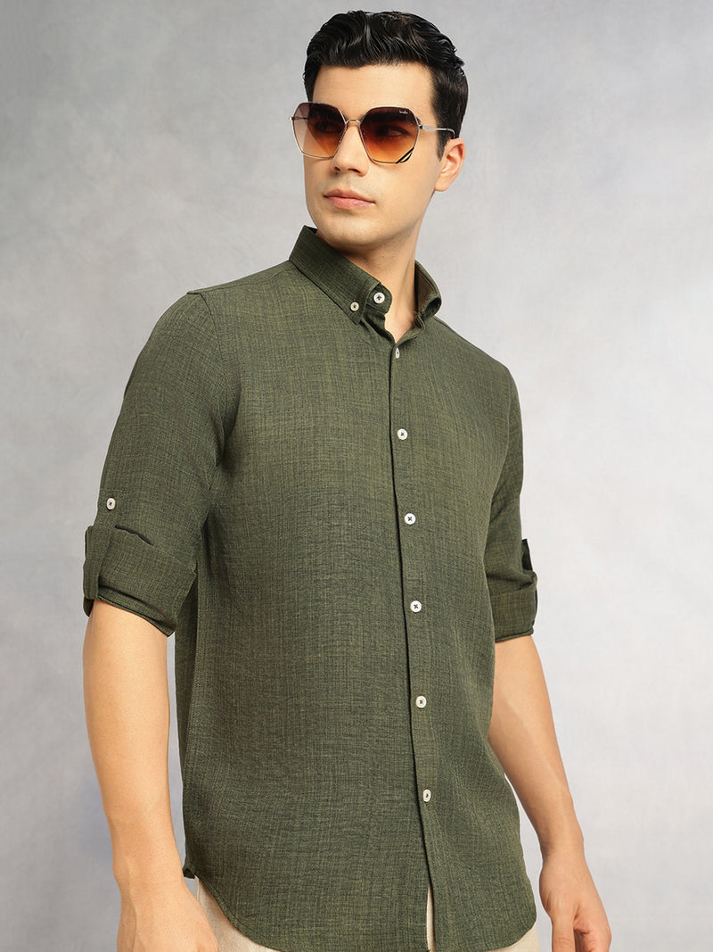 Thomas Scott Men Forest Green Slim Fit Long Sleeves Button-Down Collar Polyester Casual Shirt