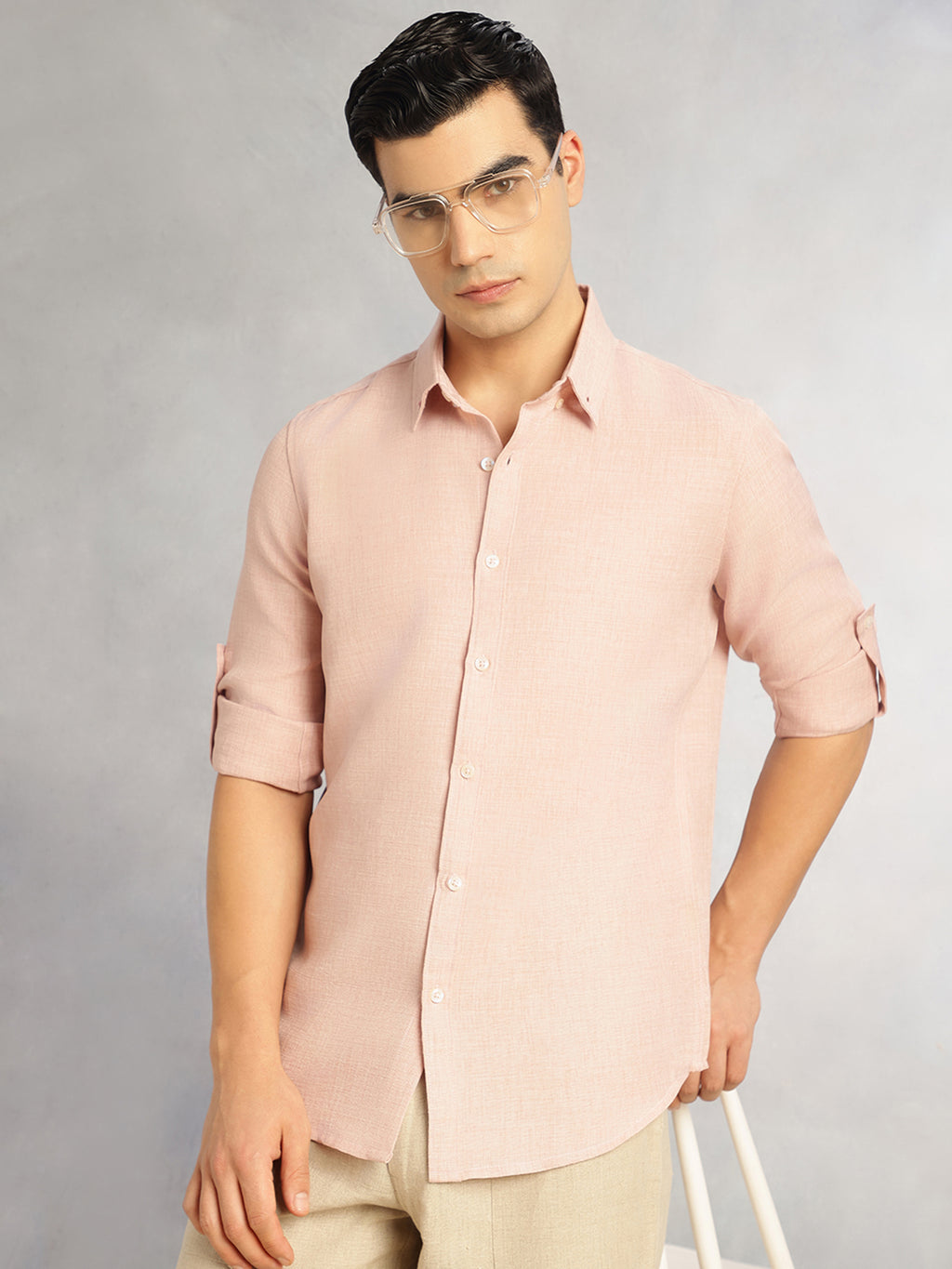 Thomas Scott Men Peach Slim Fit Long Sleeves Button-Down Collar Polyester Casual Shirt