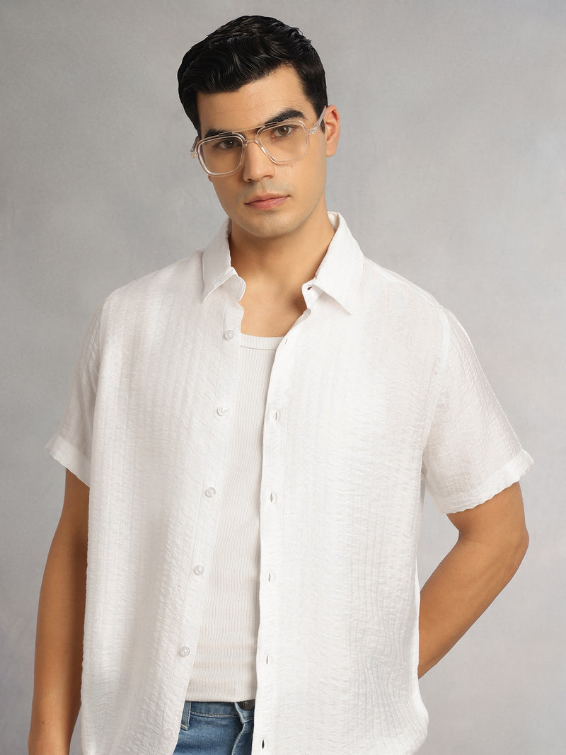 Thomas Scott Men White Regular Fit Short Sleeves Spread Collar Textured Polyester Casual Shirt