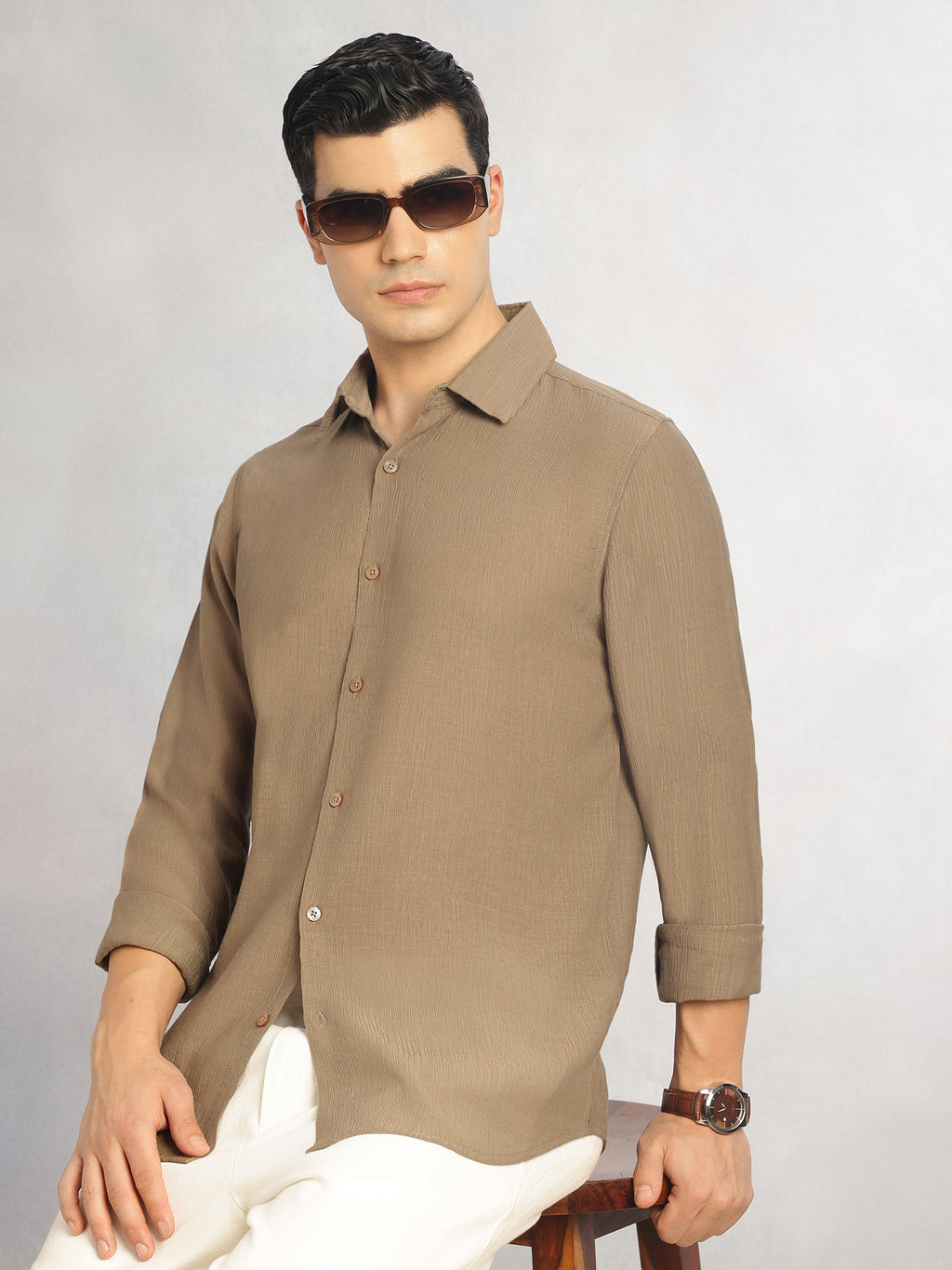 Thomas Scott Men Brown Regular Fit Long Sleeves Spread Colllar Textured Polyester Casual Shirt