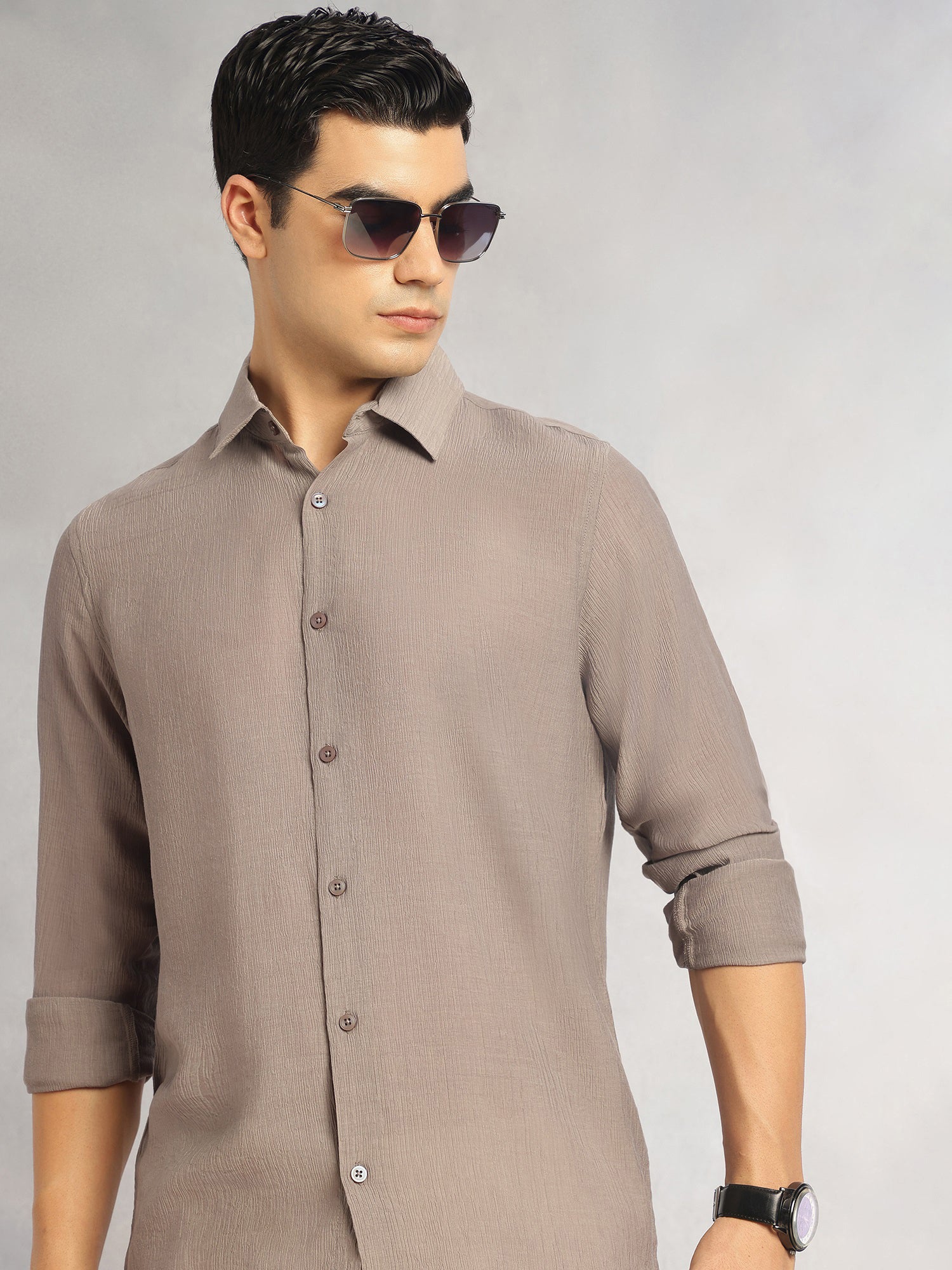 Thomas Scott Men Grey Regular Fit Long Sleeves Spread Colllar Textured Polyester Casual Shirt