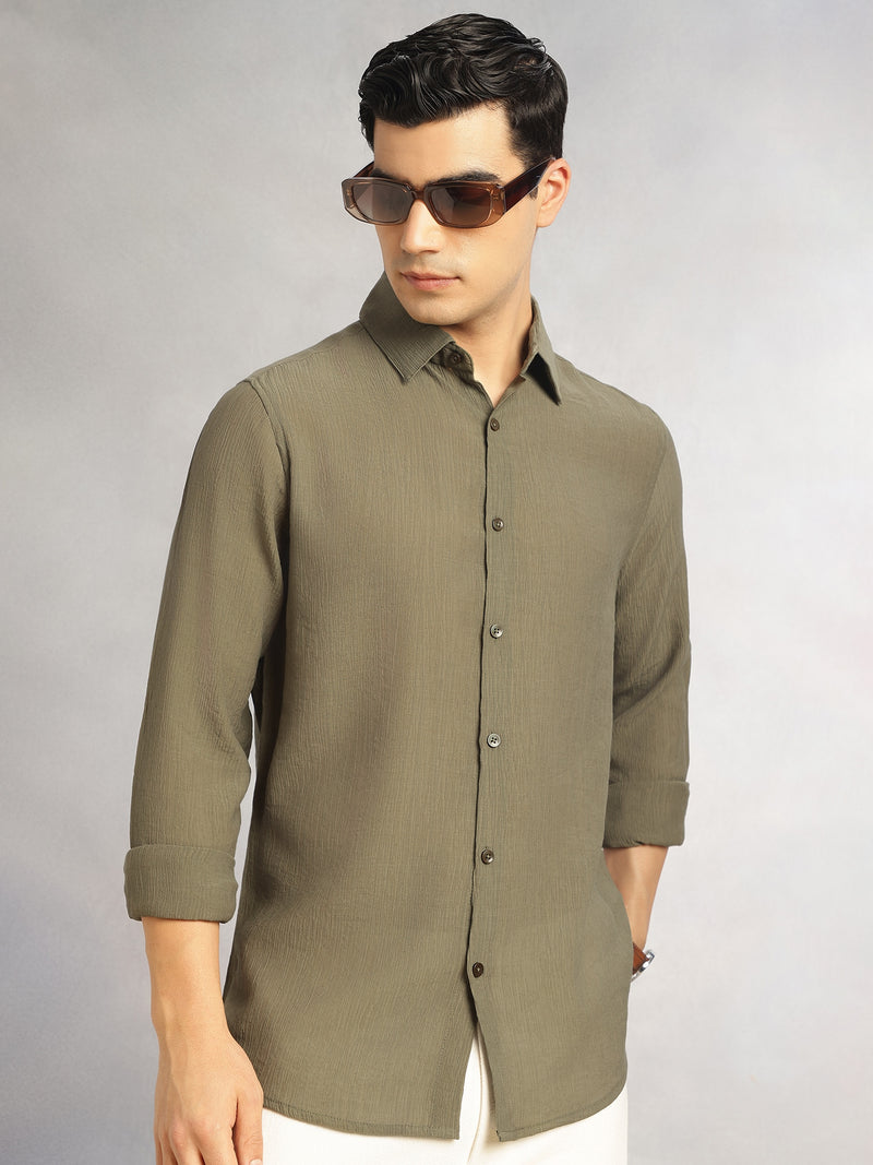 Thomas Scott Men Olive Regular Fit Long Sleeves Spread Colllar Textured Polyester Casual Shirt