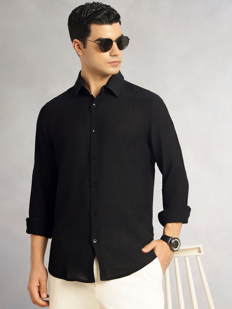 Thomas Scott Men Black Regular Fit Long Sleeves Spread Colllar Textured Polyester Casual Shirt