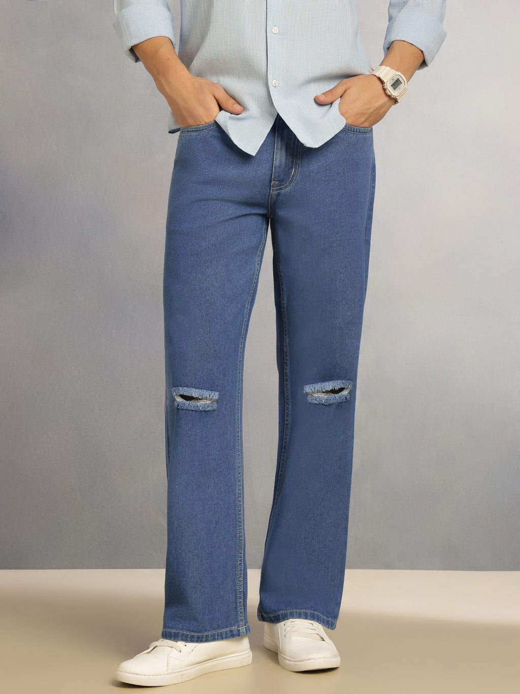 Thomas Scott Men Mid Blue Mid-Rise Baggy Fit No Fade Highly Distressed 100% Cotton Non Stretchable Jeans