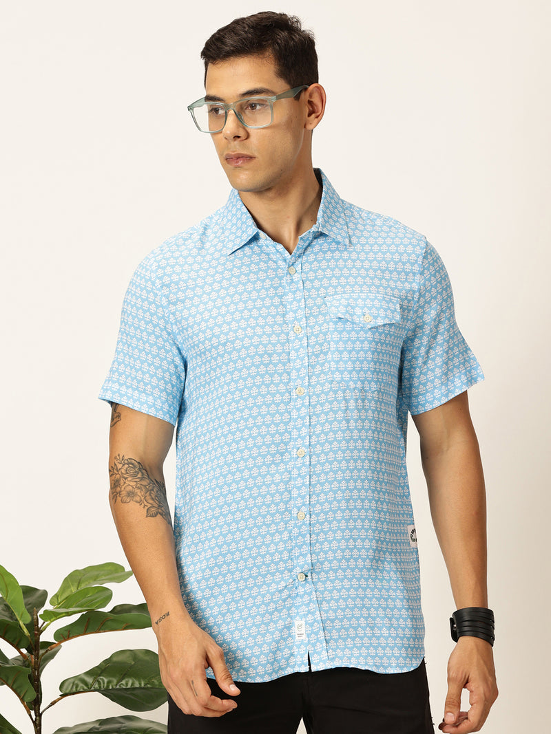 Thomas Scott Men Aqua Regular Fit Short Sleeves Spread Collar Floral Printed Casual Shirt