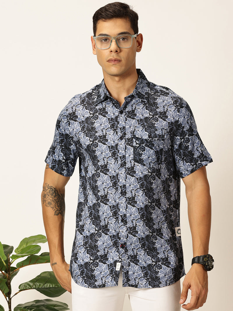 Thomas Scott Men Navy Blue Regular Fit Short Sleeves Spread Collar Floral Printed Casual Shirt