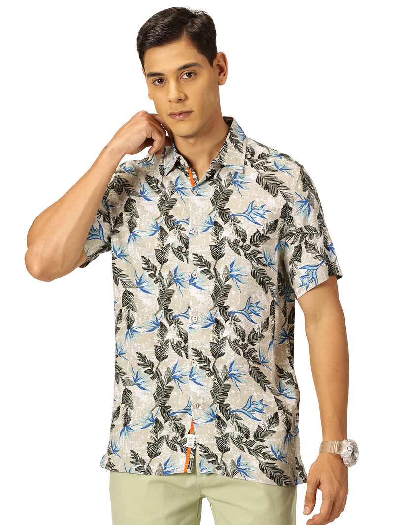 Thomas Scott Men Grey Regular Fit Short Sleeves Spread Collar Tropical Printed Casual Shirt