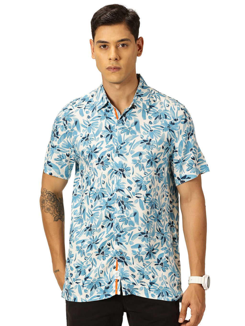 Thomas Scott Men Aqua Regular Fit Short Sleeves Spread Collar Tropical Printed Casual Shirt
