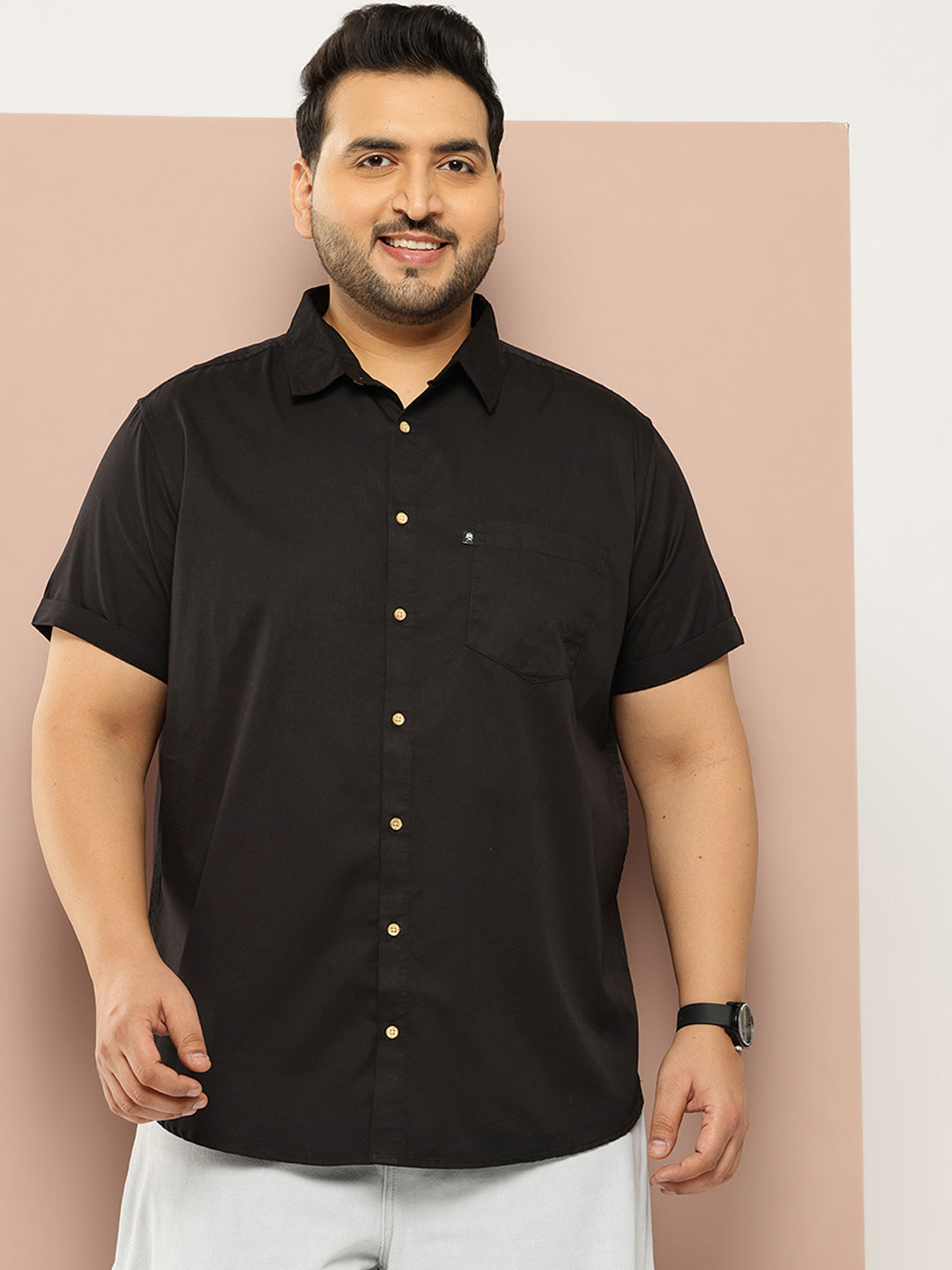 Thomas Scott Men Black Plus Size Regular Fit Short Sleeves Spread Collar 100% Cotton Casual Shirt