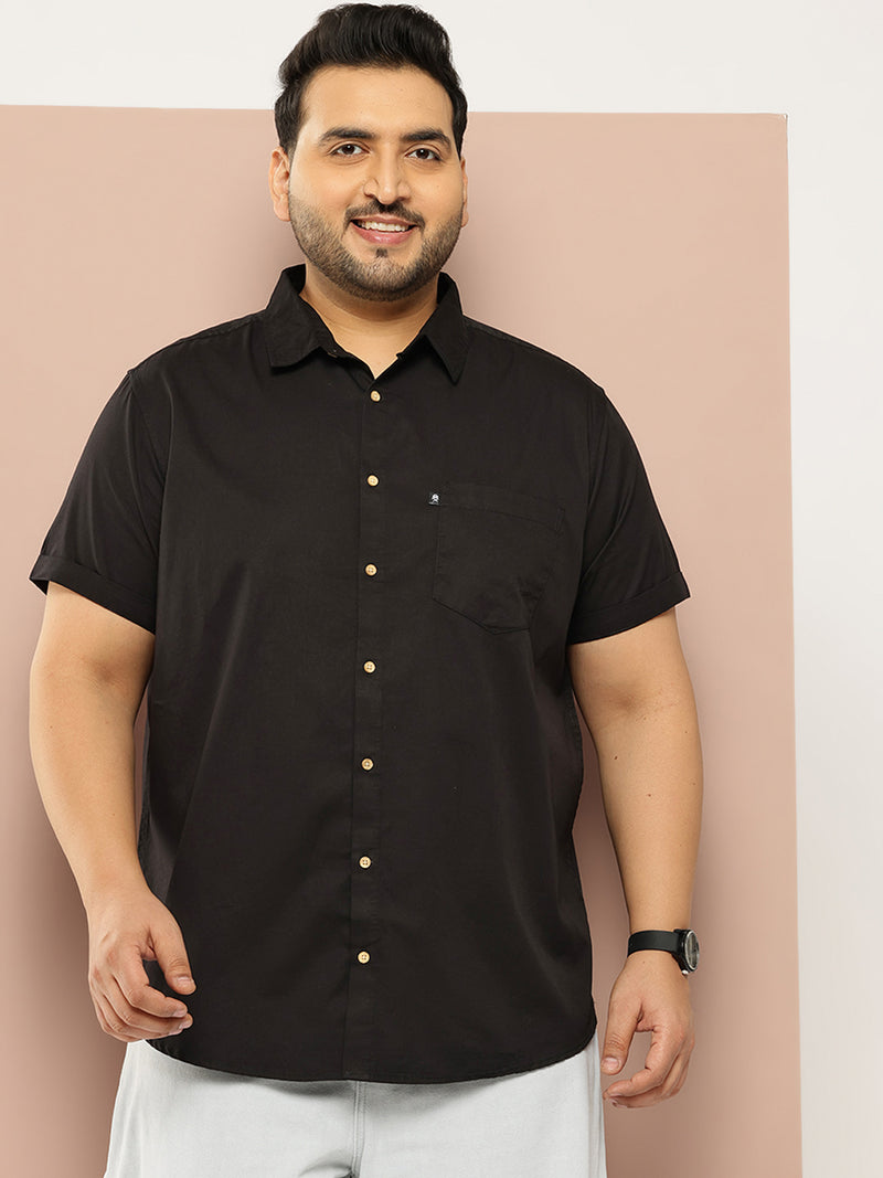 Thomas Scott Men Black Plus Size Regular Fit Short Sleeves Spread Collar 100% Cotton Casual Shirt