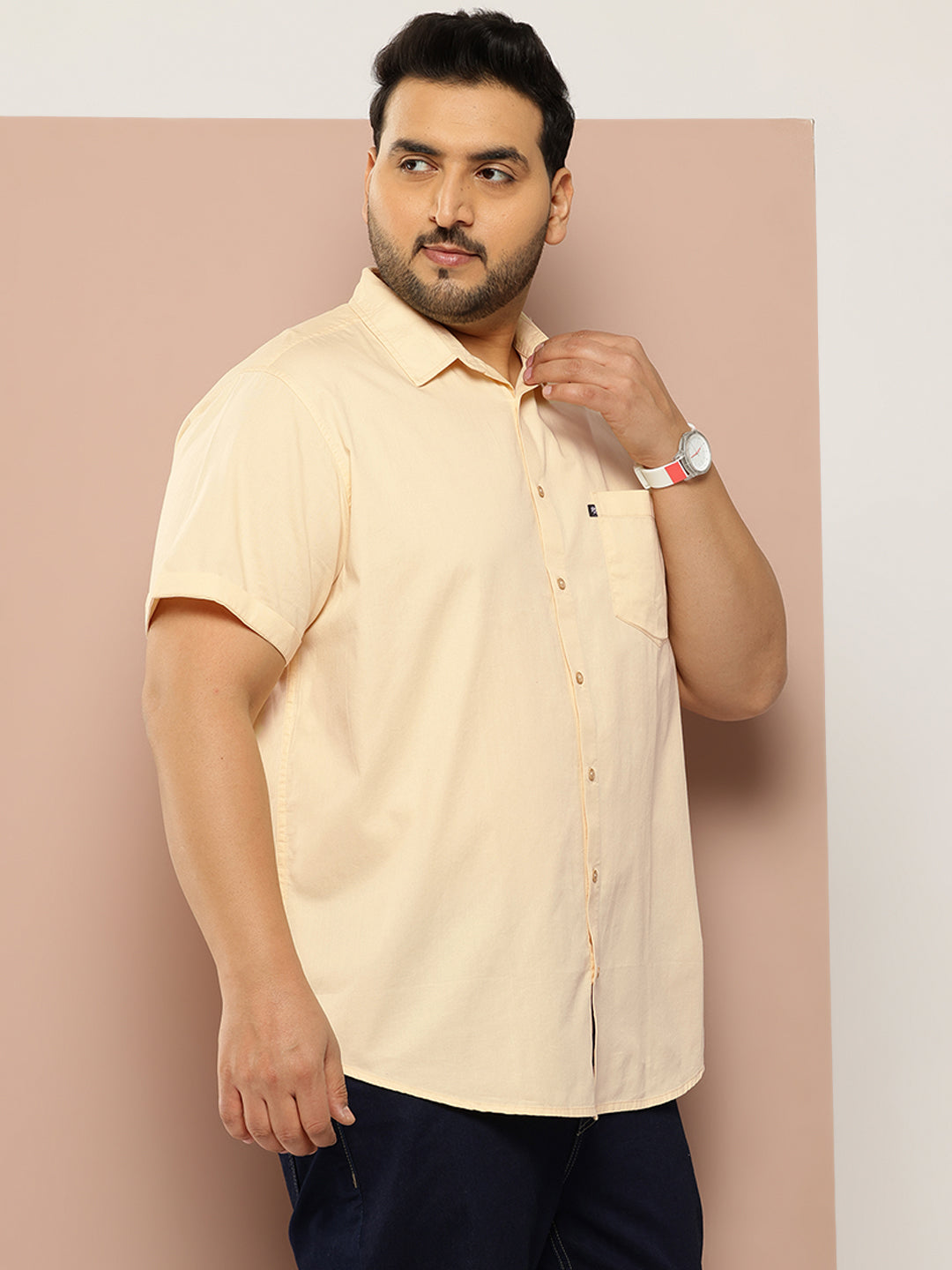 Thomas Scott Men Lemon Plus Size Regular Fit Short Sleeves Spread Collar 100% Cotton Casual Shirt