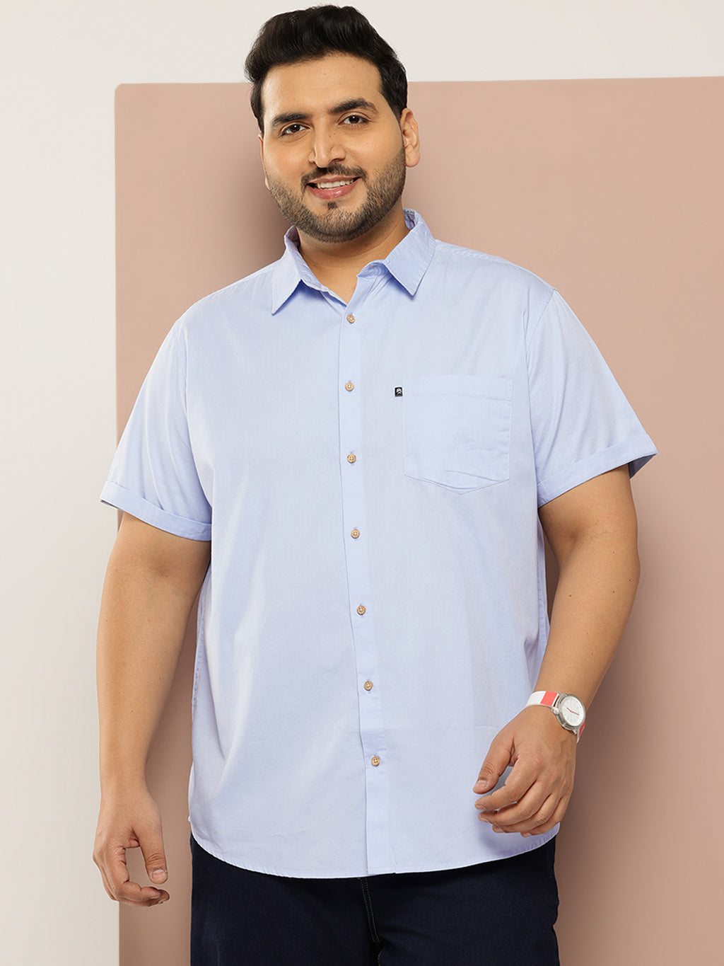 Thomas Scott Men Sky Blue Plus Size Regular Fit Short Sleeves Spread Collar 100% Cotton Casual Shirt