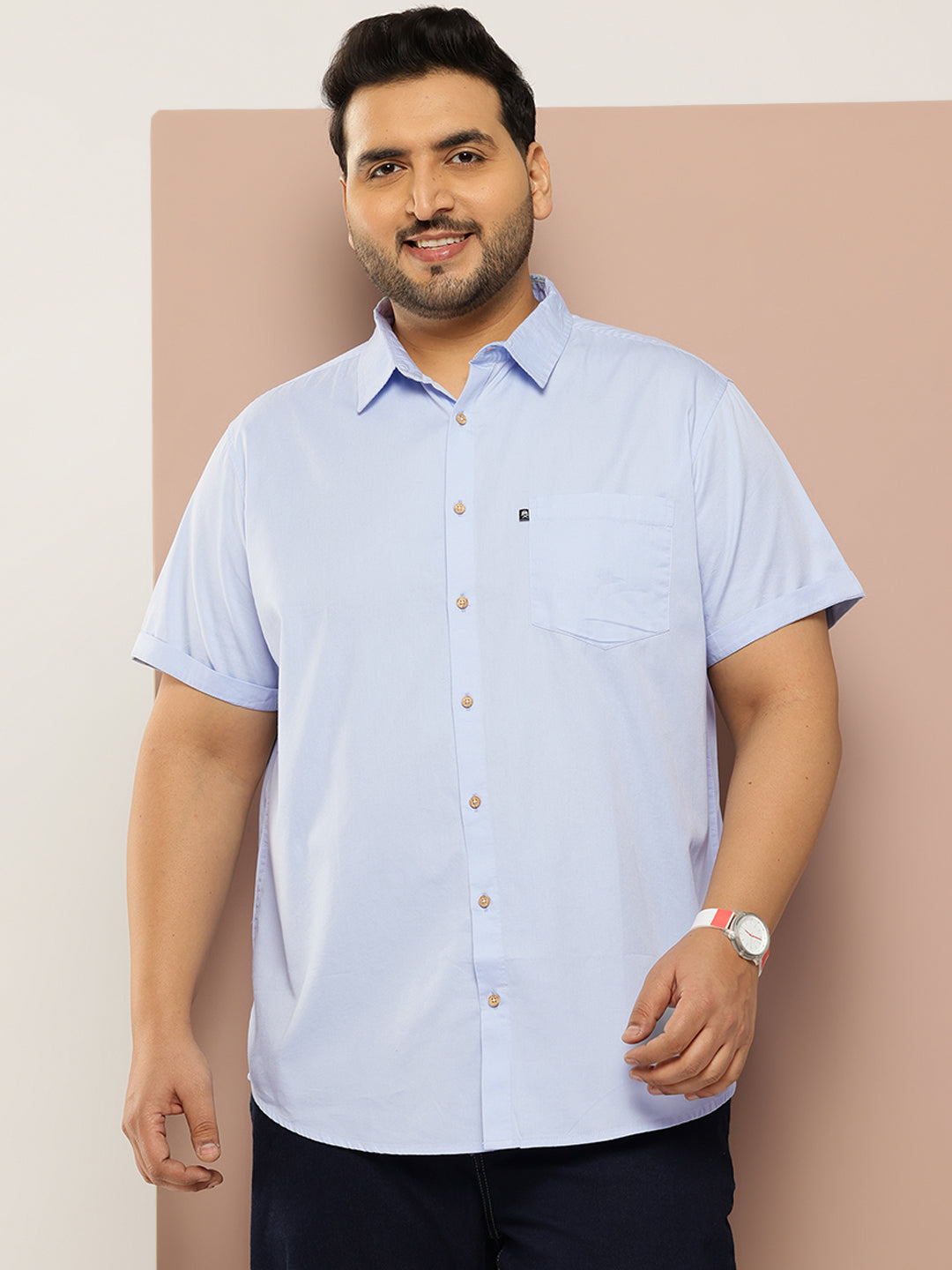 Thomas Scott Men Sky Blue Plus Size Regular Fit Short Sleeves Spread Collar 100% Cotton Casual Shirt