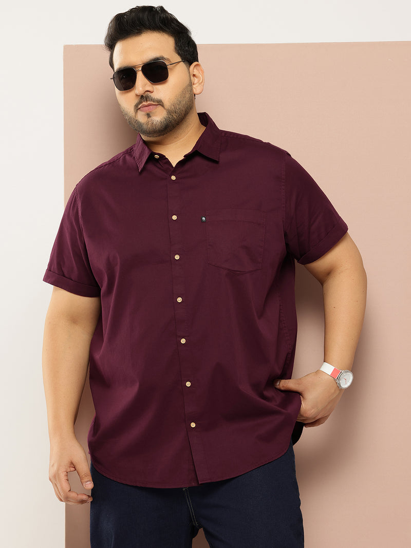 Thomas Scott Men Wine Plus Size Regular Fit Short Sleeves Spread Collar 100% Cotton Casual Shirt