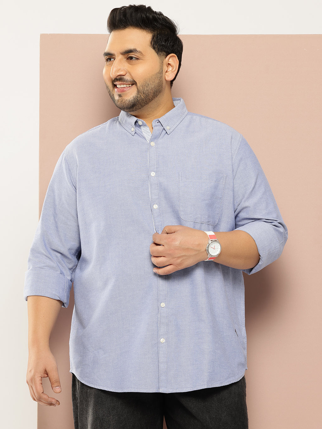 Thomas Scott Men Dark Blue Plus Size Regular Fit Long Sleeves Button-Down Collar Solid 100% Cotton Casual Shirt