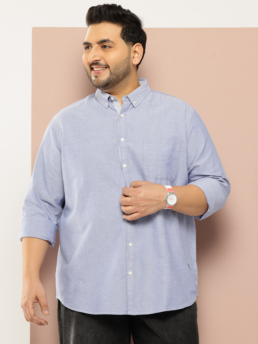 Thomas Scott Men Dark Blue Plus Size Regular Fit Long Sleeves Button-Down Collar Solid 100% Cotton Casual Shirt