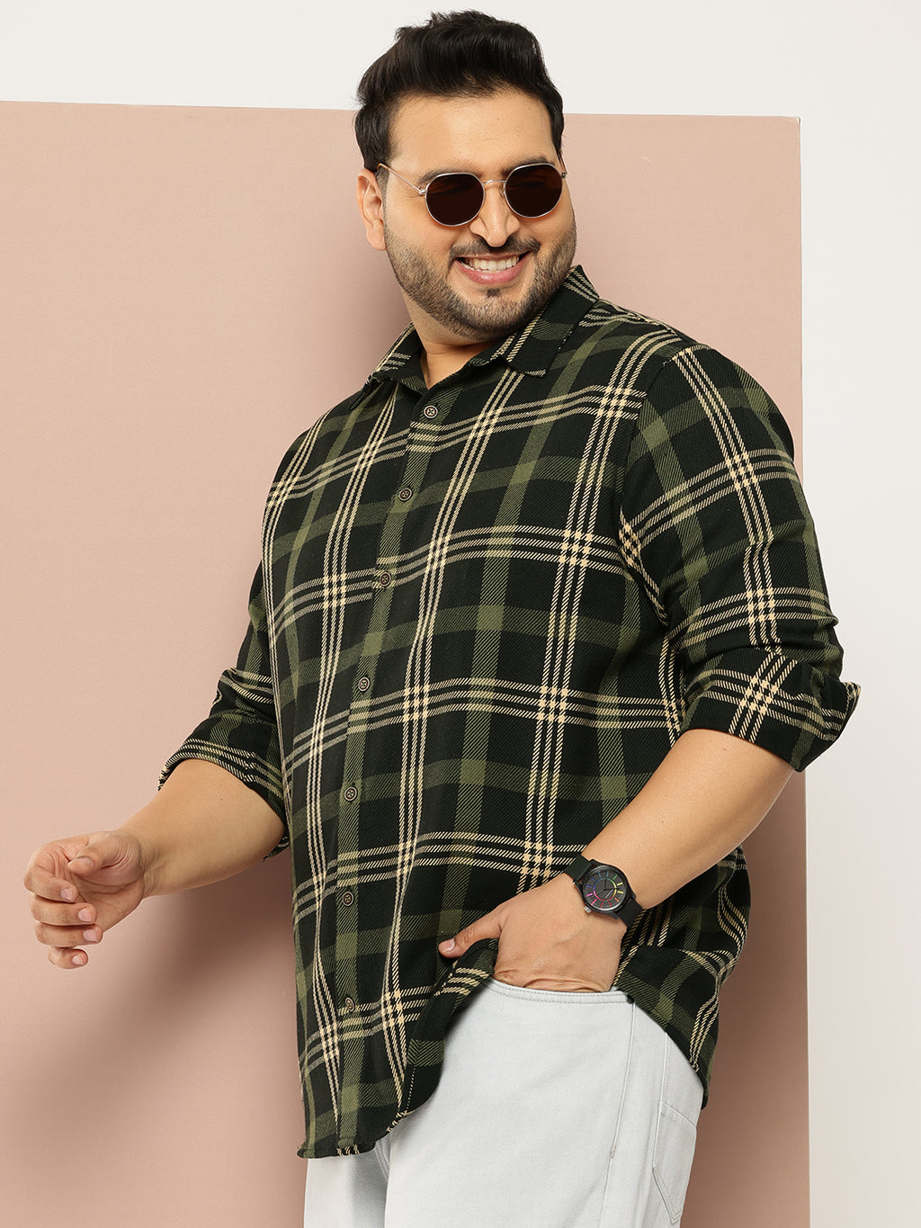 Thomas Scott Men Black Plus Size Regular Fit Long Sleeves Spread Collar Shepherd Checks 100% Cotton Casual Shirt
