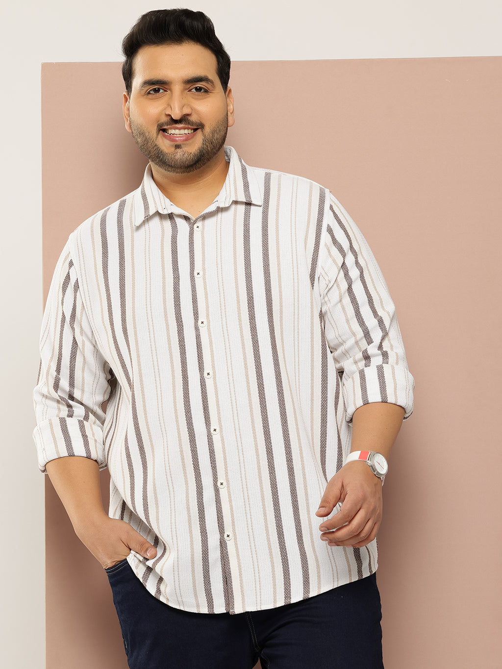 Thomas Scott Men Cream Plus Size Regular Fit Long Sleeves Spread Collar Multi Stripes 100% Cotton Casual Shirt