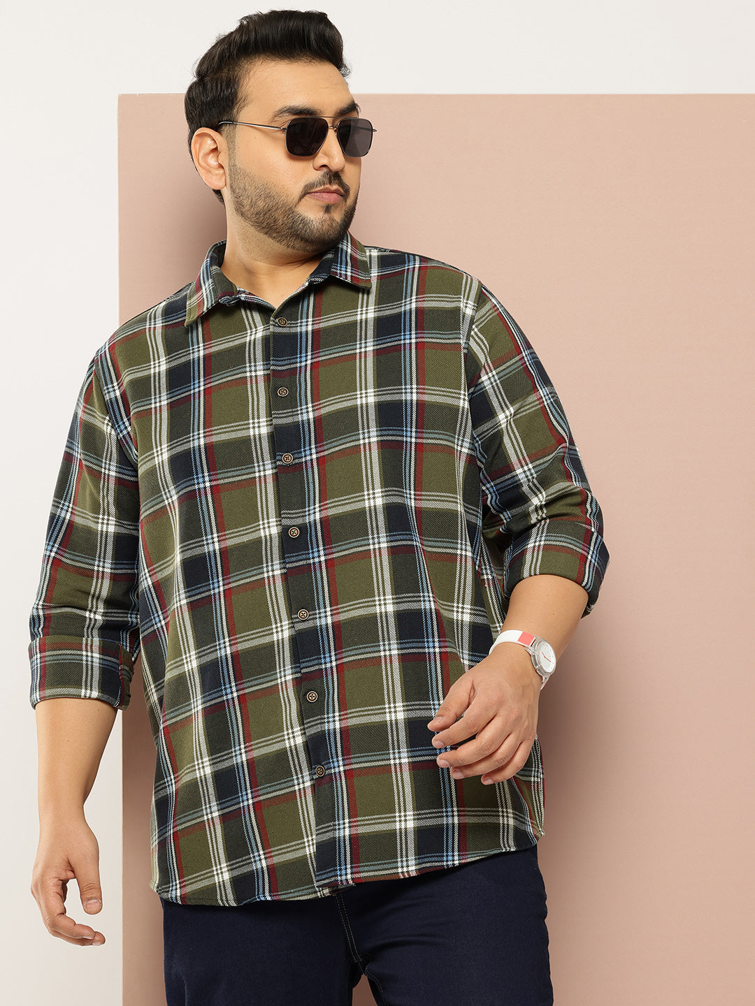 Thomas Scott Men Green Plus Size Regular Fit Long Sleeves Spread Collar Shepherd Checks 100% Cotton Casual Shirt