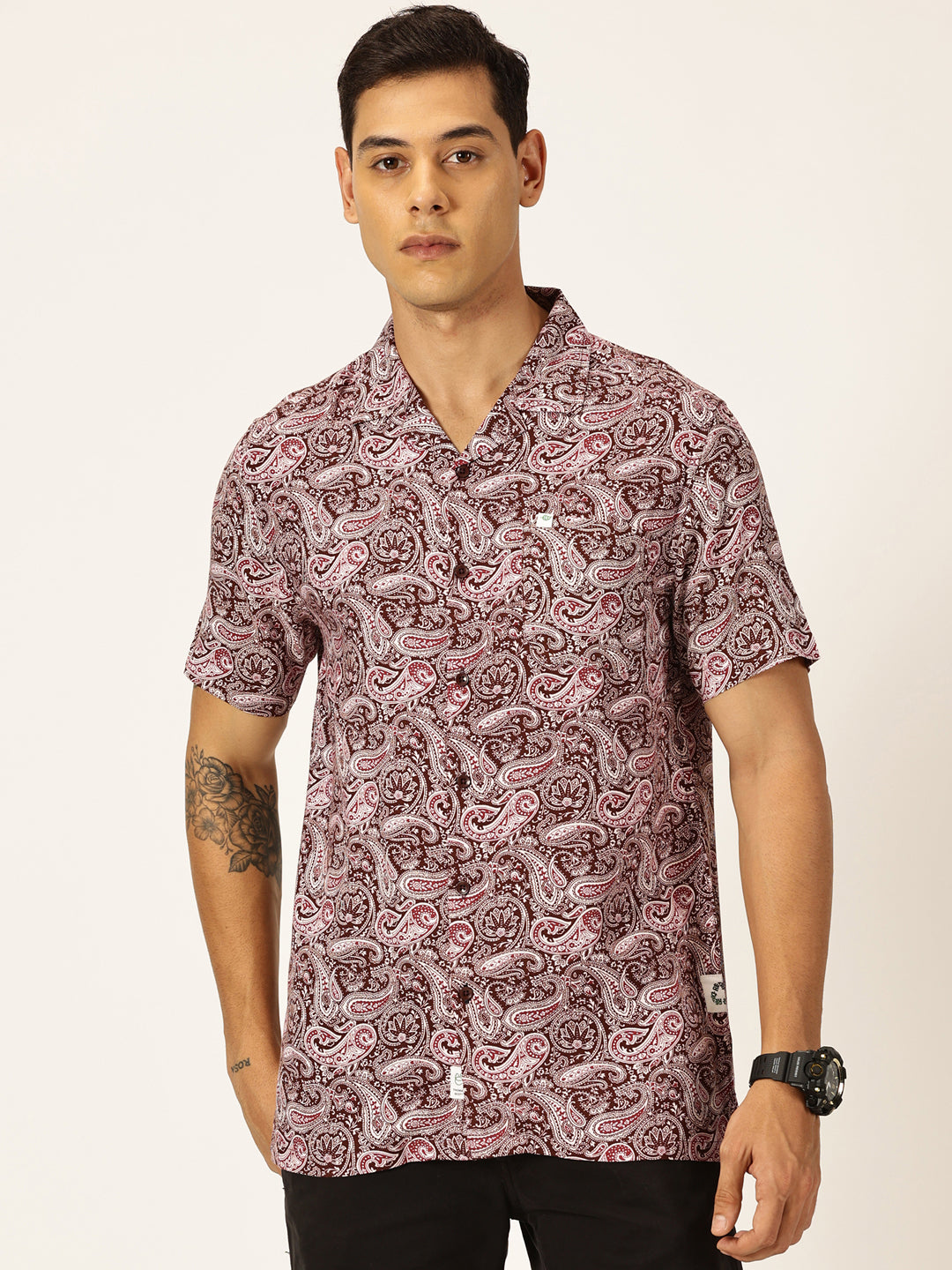Thomas Scott Men Maroon Regular Fit Short Sleeves Cuban Collar Abstract Printed Casual Shirt