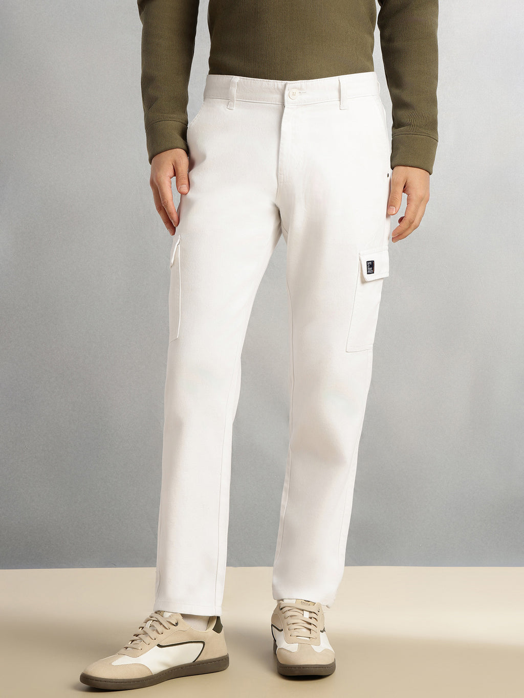 Thomas Scott Men White Cricket Club Collection Straight Fit Mid-Rise 100% Cotton Woven Cargo Trouser