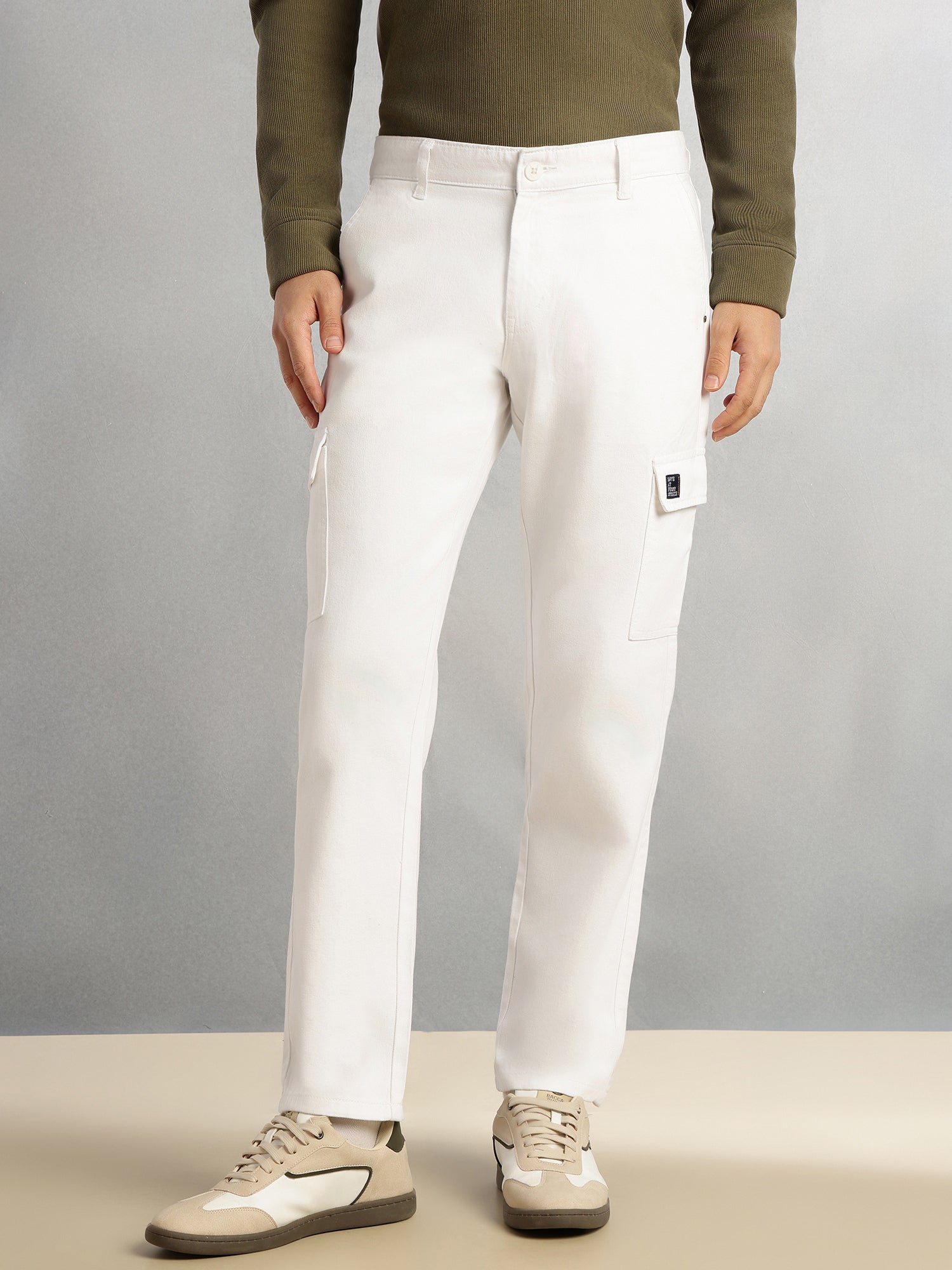 Thomas Scott Men White Cricket Club Collection Straight Fit Mid-Rise 100% Cotton Woven Cargo Trouser