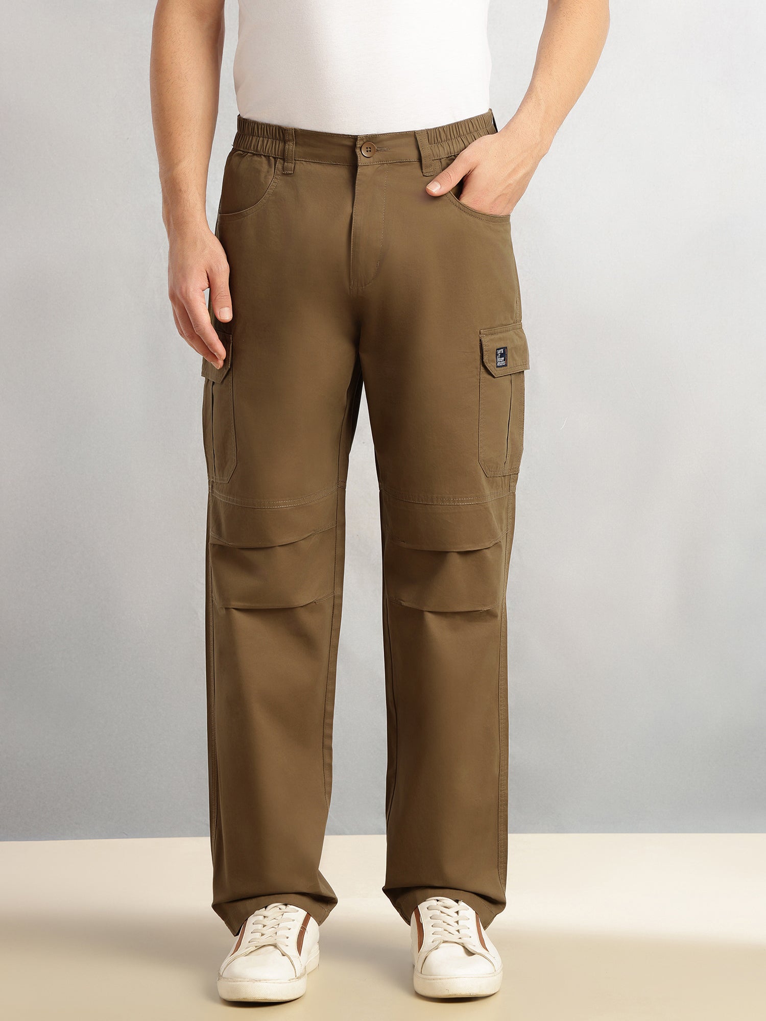 Thomas Scott Men Khaki Cricket Club Collection Mid-Rise 100% Cotton Loose Fit Solid Woven Cargo Trouser