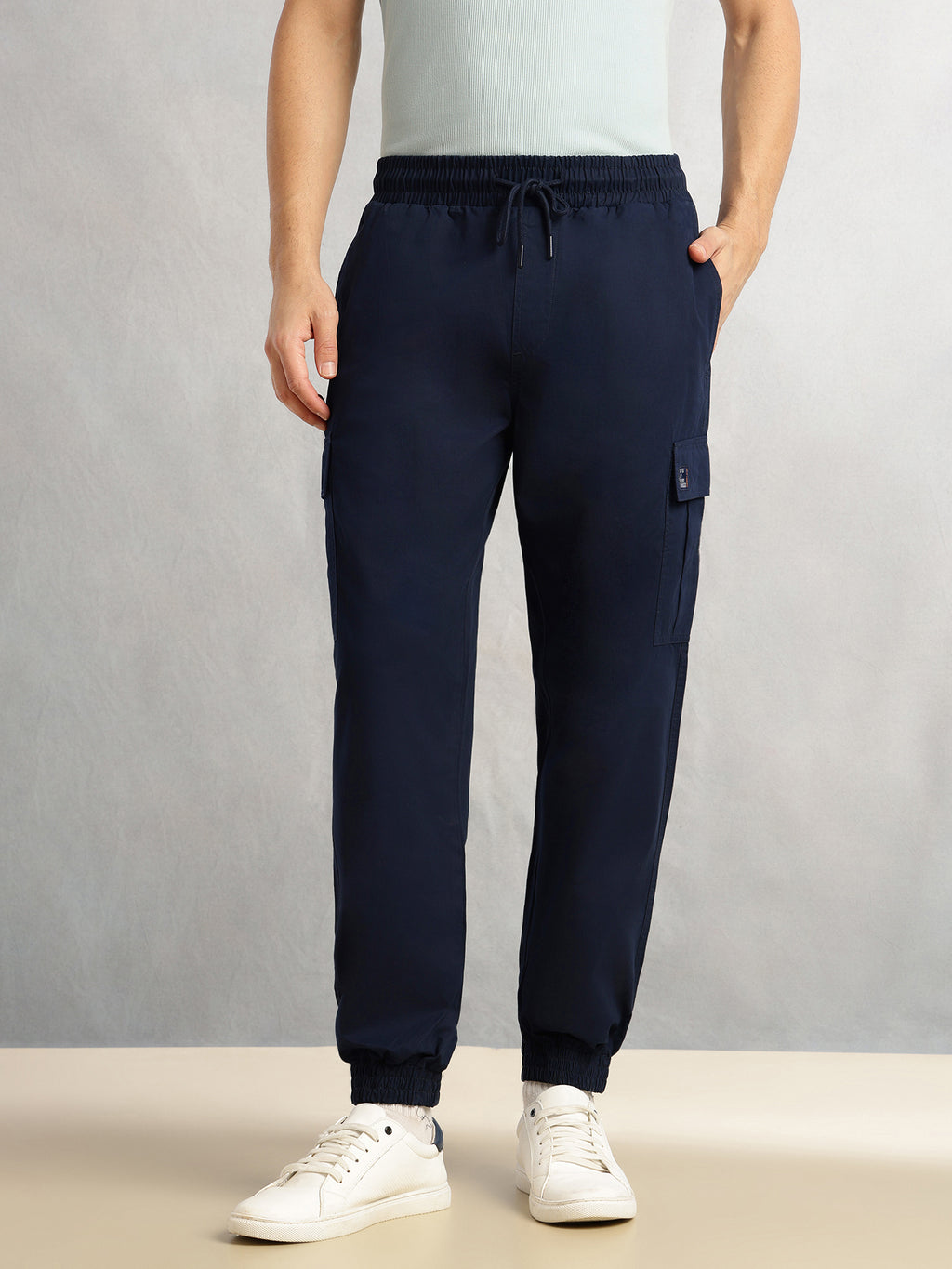 Thomas Scott Men Navy Cricket Club Collection Cargo Fit Mid Rise Solid 100% Cotton Woven Joggers