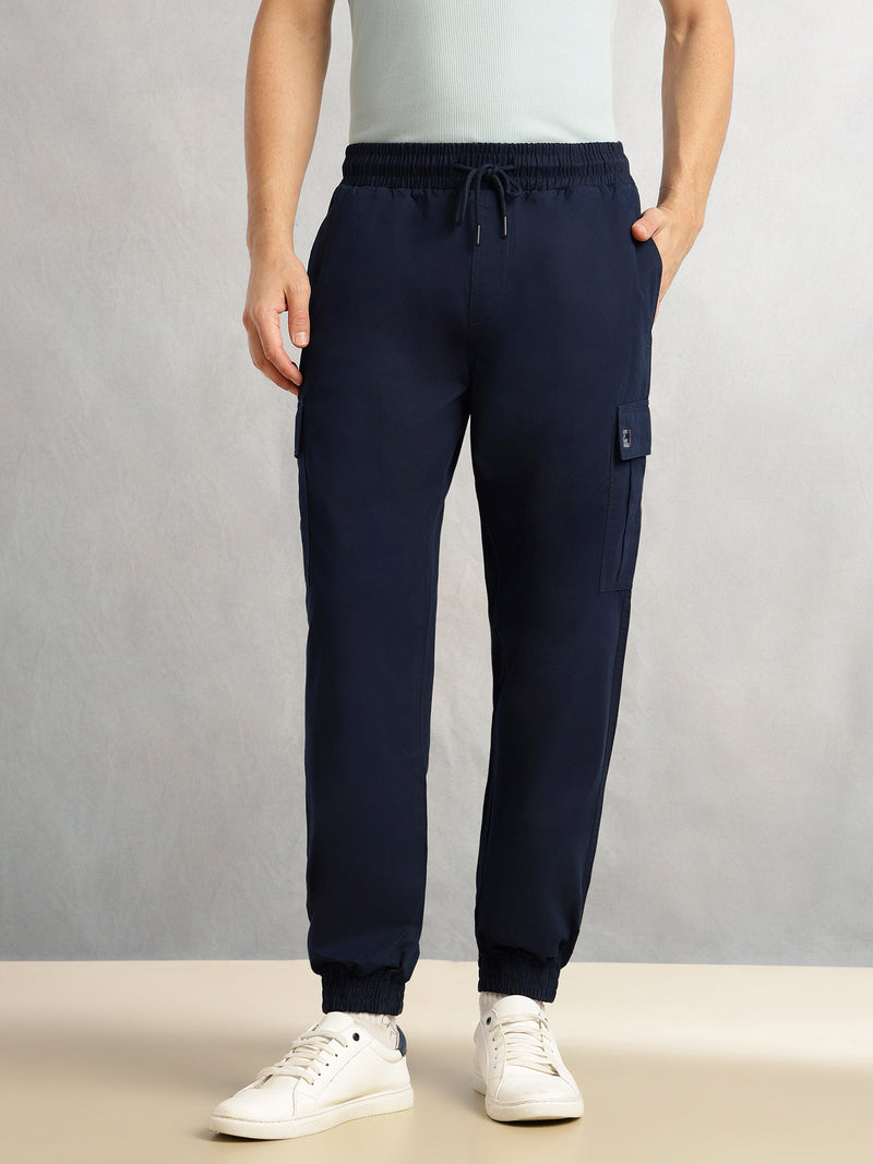 Thomas Scott Men Navy Cricket Club Collection Cargo Fit Mid Rise Solid 100% Cotton Woven Joggers