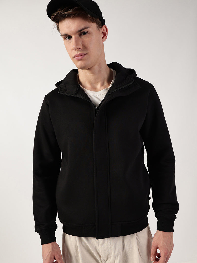 Thomas Scott Men Black Regular Fit Long Sleeves Solid Open Front Hooded Jacket