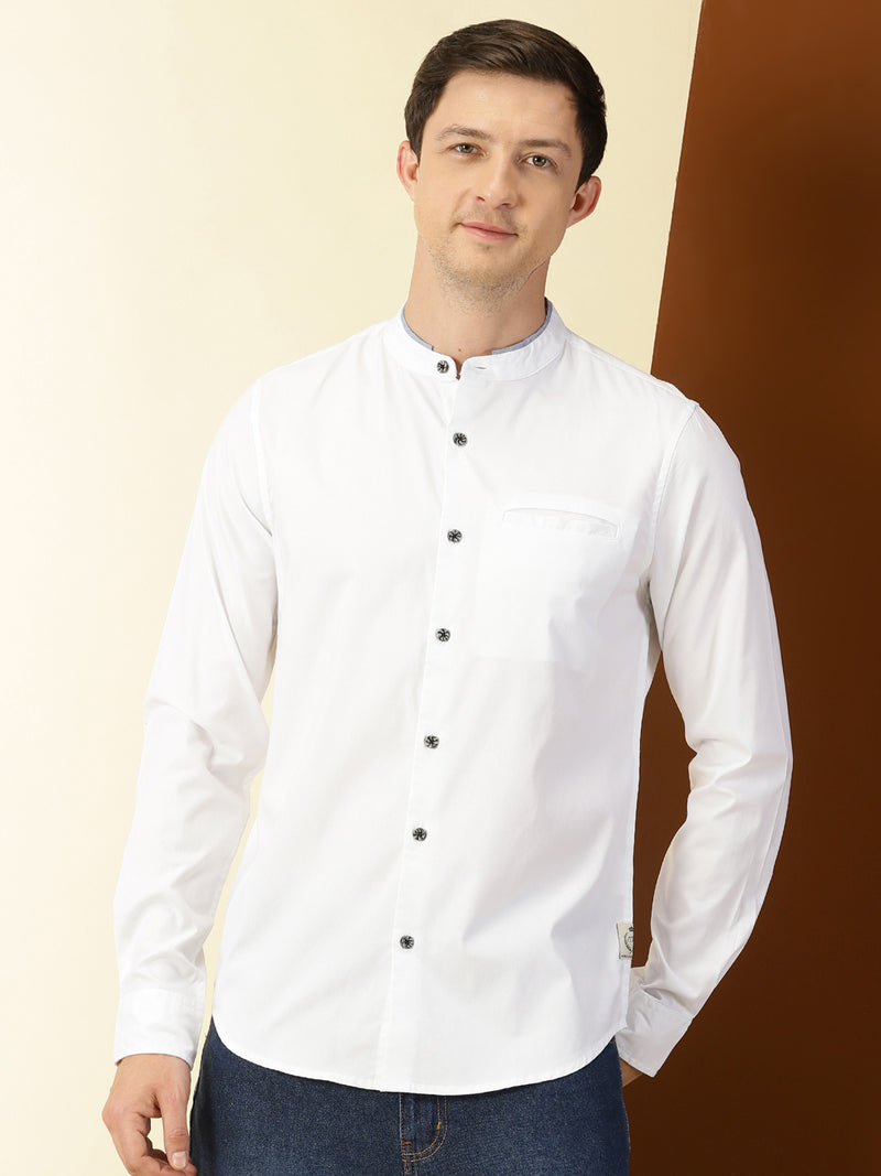 Thomas Scott Men White Cricket Club Collection Slim Fit Long Sleeves Band Collar Cotton Casual Shirt