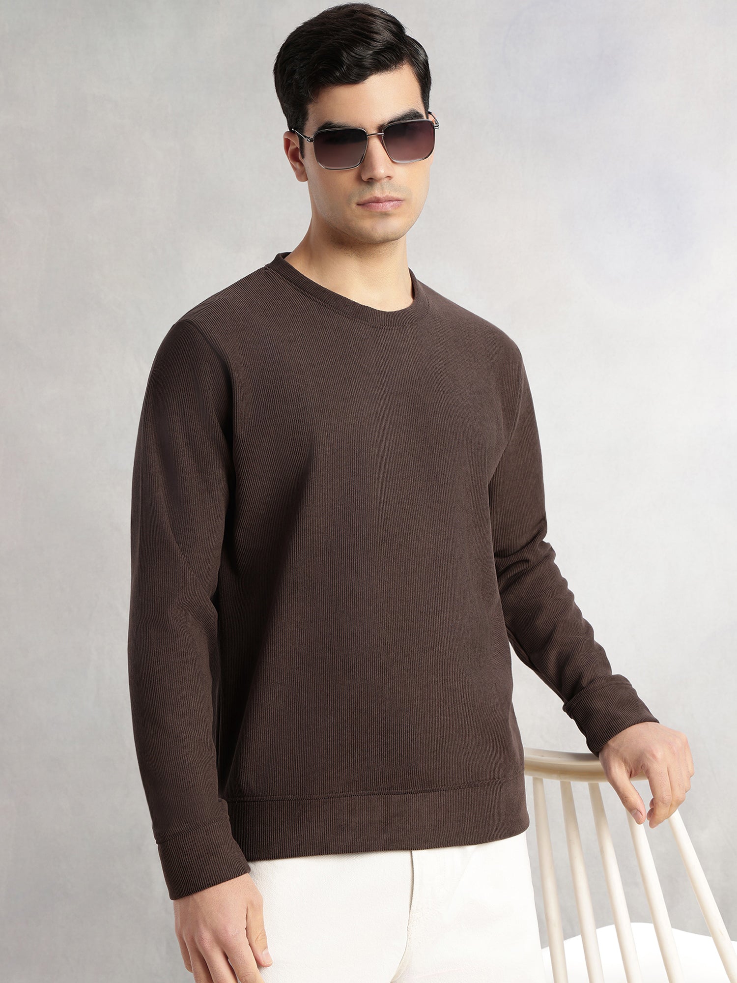 Thomas Scott Men Brown Regular Fit Long Sleeves Round Neck Solid Polyester Pullover Sweatshirt