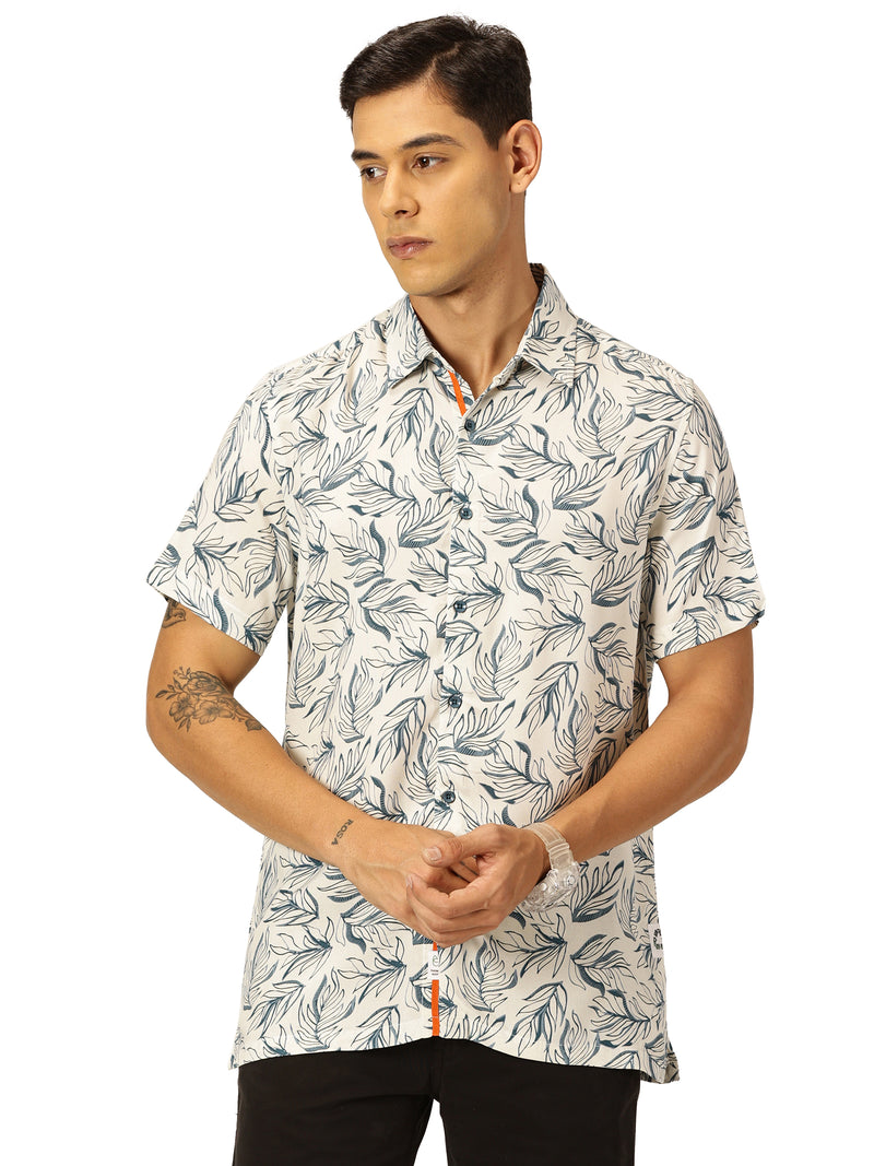 Thomas Scott Men Medium Blue Regular Fit Short Sleeves Spread Collar Tropical Printed Casual Shirt