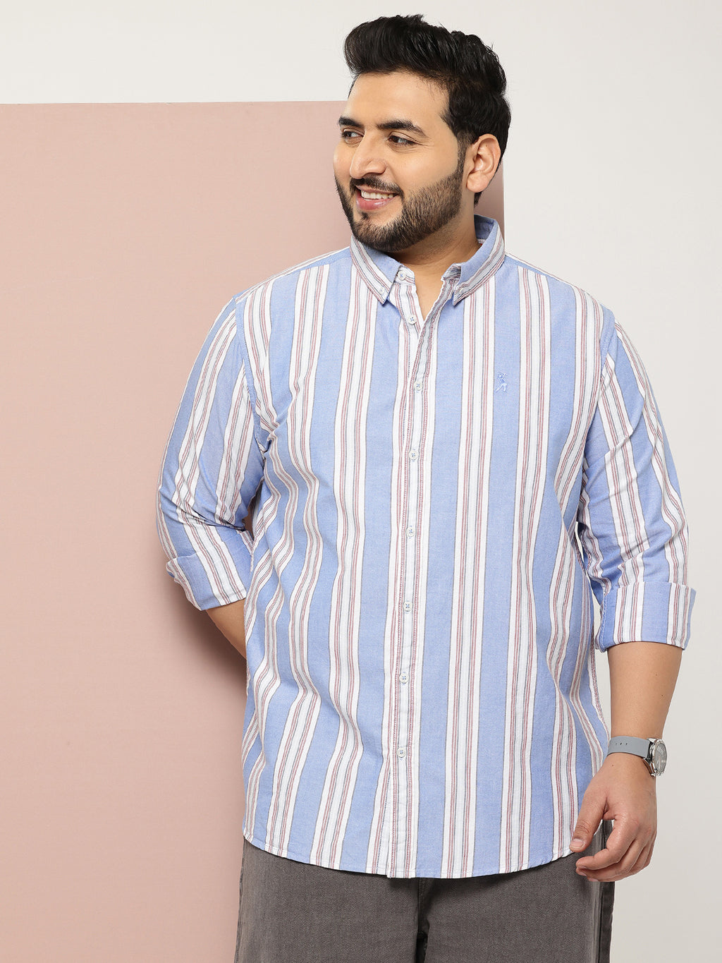 Thomas Scott Men Blue Cricket Club Collections Plus Size Regular Fit Long Sleeves Button-Down Collar Multi Stripes 100% Cotton Casual Shirt