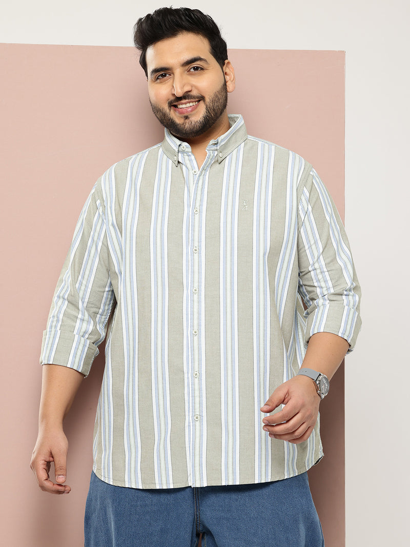 Thomas Scott Men Green Cricket Club Collections Plus Size Regular Fit Long Sleeves Button-Down Collar Multi Stripes 100% Cotton Casual Shirt