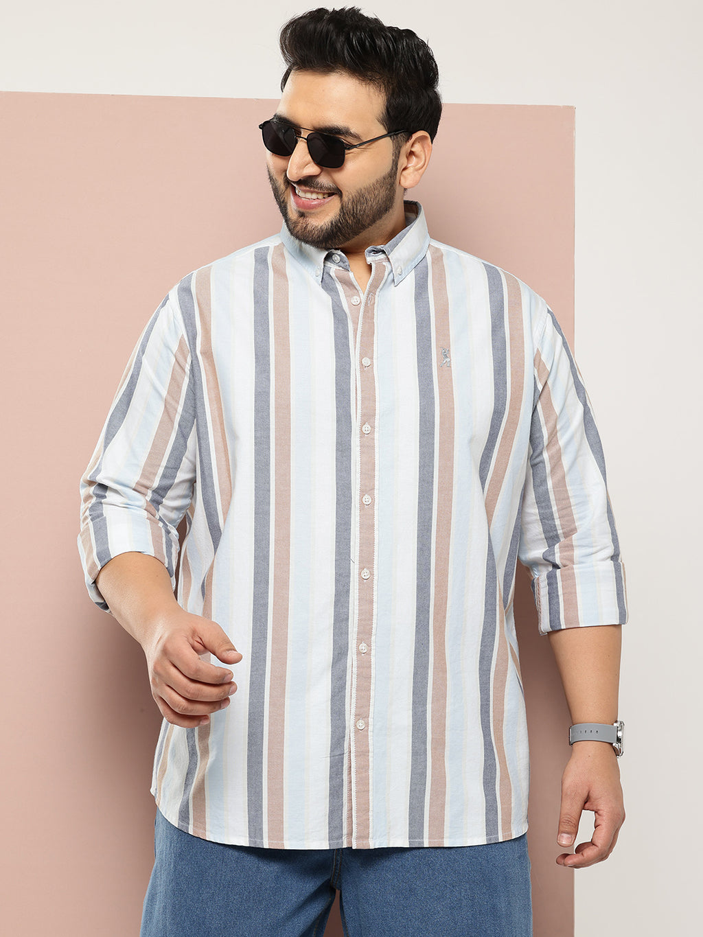 Thomas Scott Men White Plus Size Cricket Club Collections Long Sleeves Button Down Collar Multi Stripes Oxford Casual Shirt