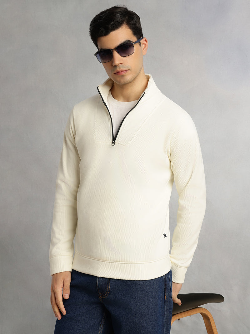 Thomas Scott Men White Regular Fit Long Sleeves Mock Neck Half-Zip Solid Polyester Knitted Sweatshirt