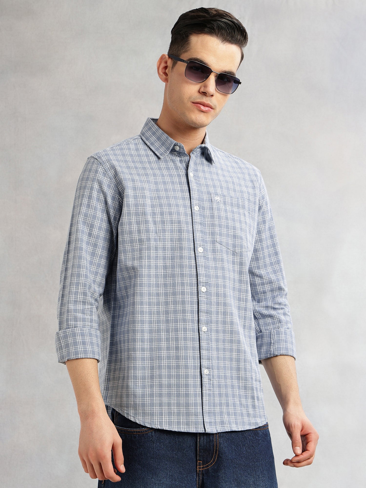 Thomas Scott Men Blue Slim Fit Long Sleeves Spread Collar Tartan Checks Cotton Linen Casual Shirt
