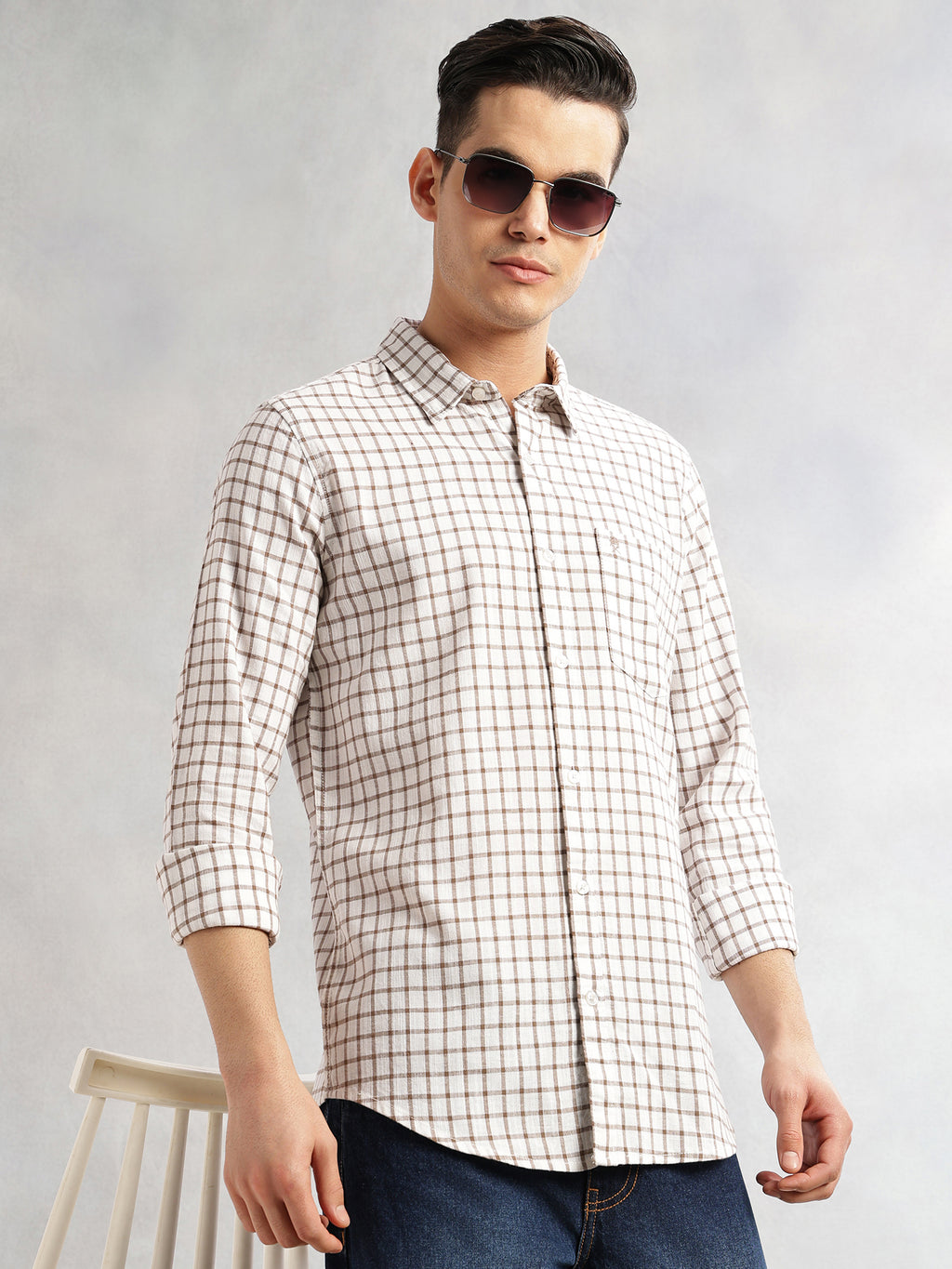 Thomas Scott Men Brown Slim Fit Long Sleeves Spread Collar Tartan Checks Cotton Linen Casual Shirt