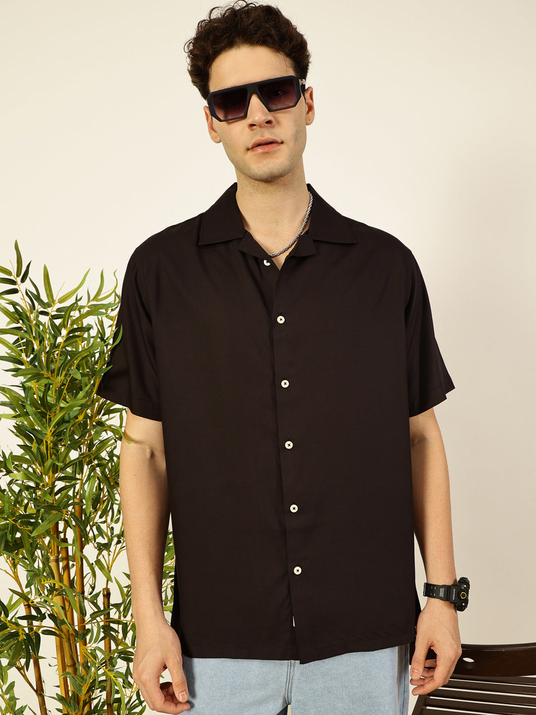 Black Short Sleeves Oversized Fit Solid Cuban Collar Viscose Casual Shirt