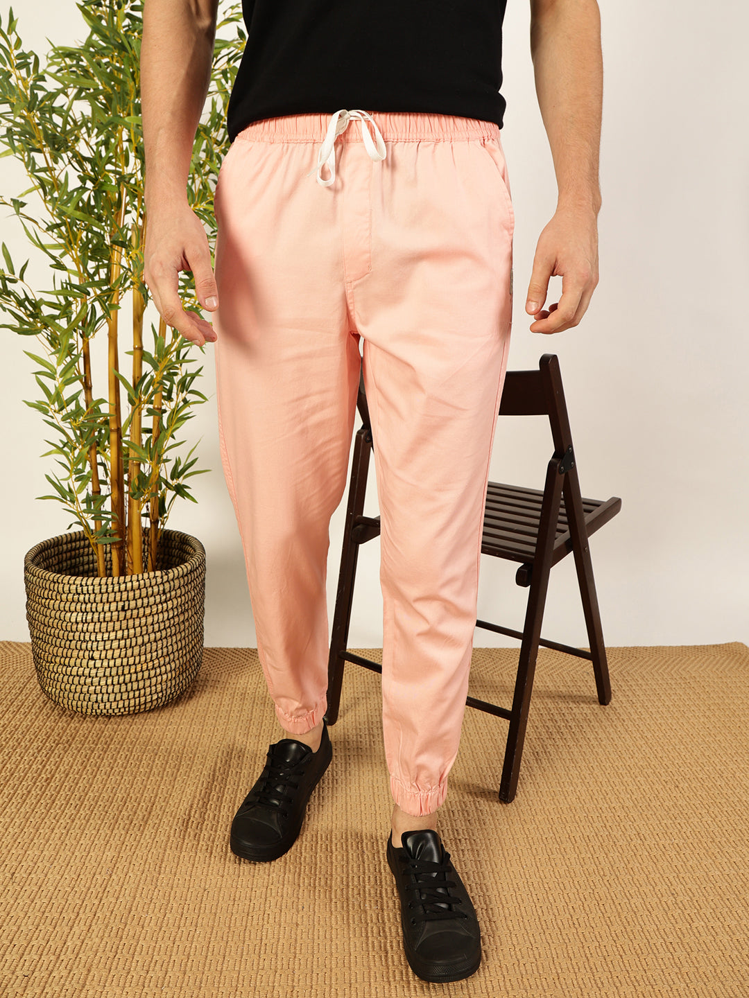 Thomas Scott Men Peach Regular Fit Mid-Rise 3 Pockets Solid Cotton Woven Joggers