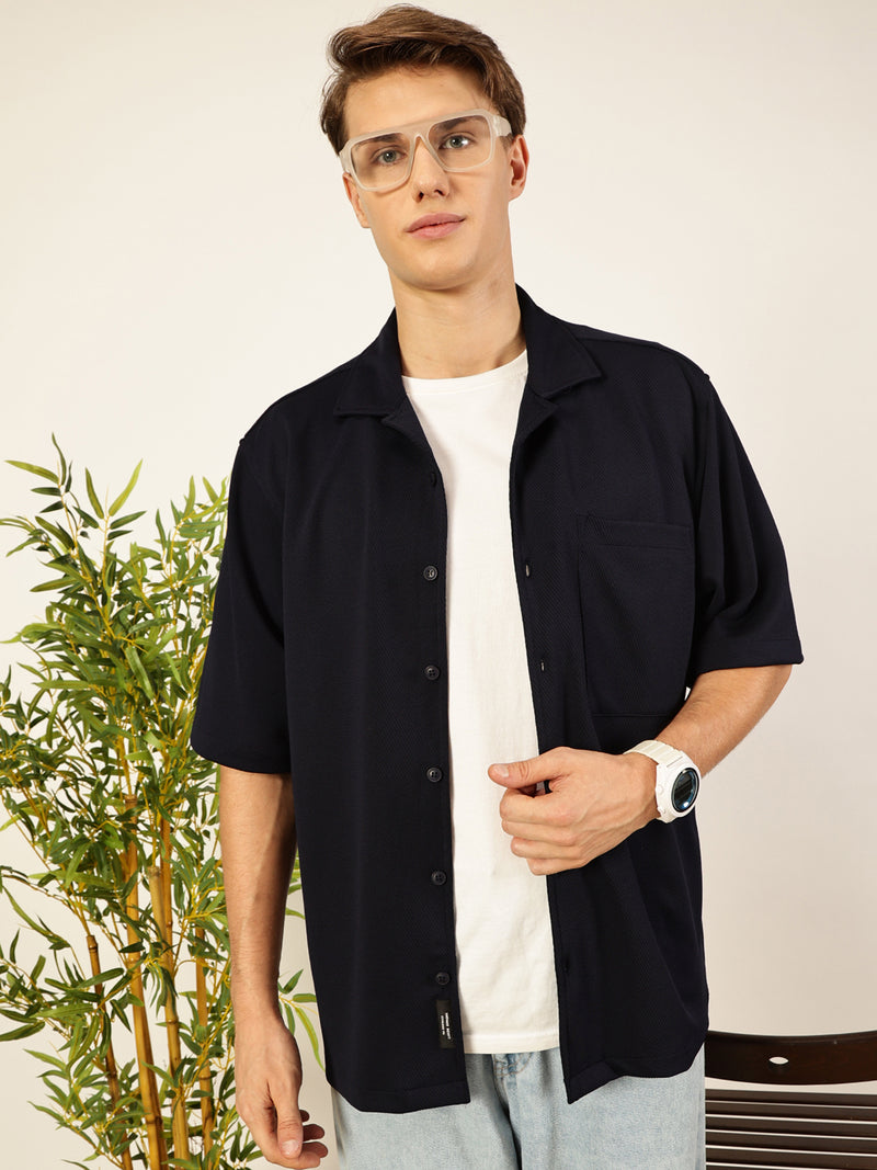Thomas Scott Men Navy Short Sleeves Oversized Fit Textured Cuban Collar 100% Cotton Twill Casual Shirt