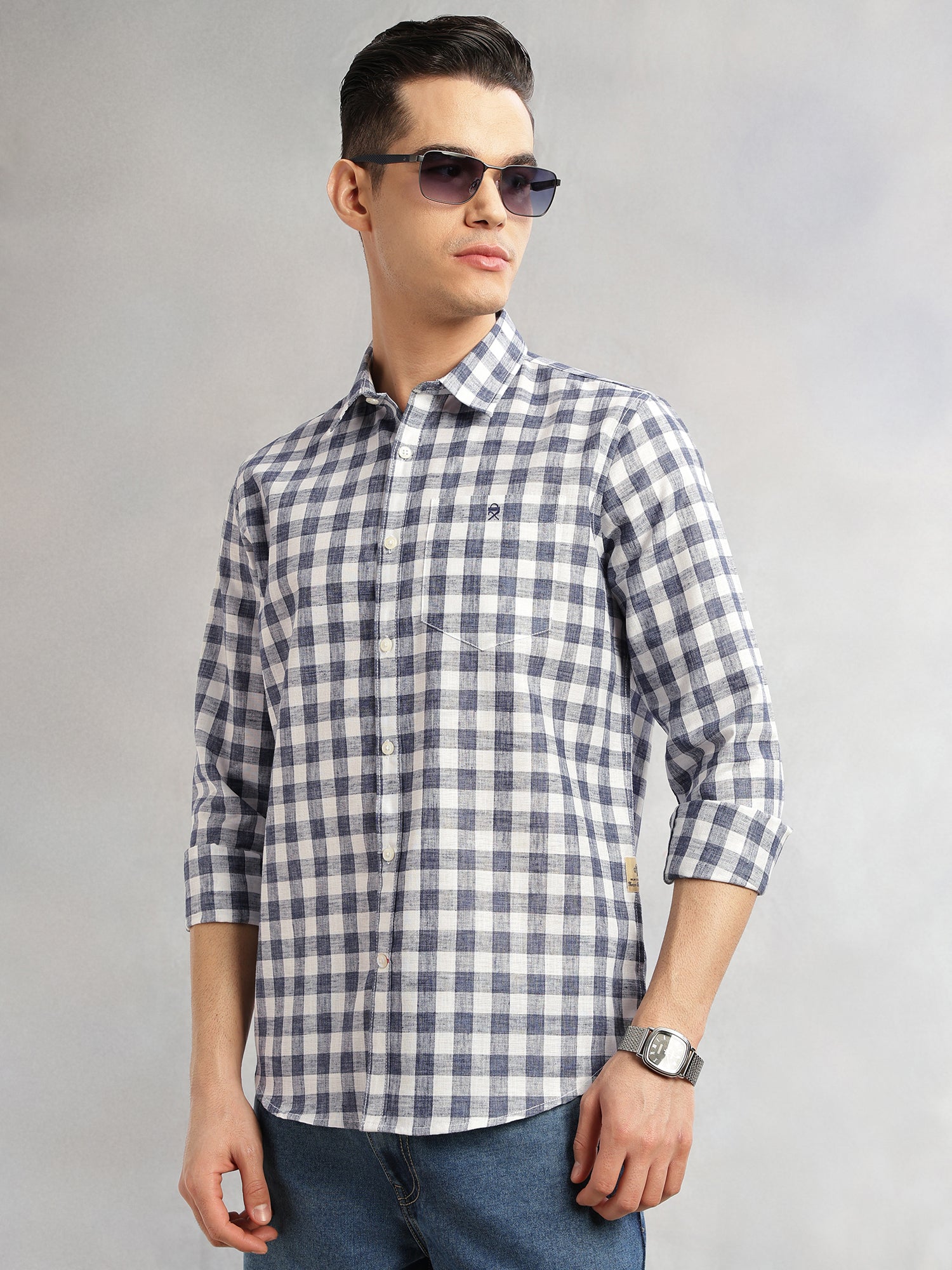 Thomas Scott Men Navy Slim Fit Long Sleeves Gingham Checks Spread Collar Cotton Linen Casual Shirt