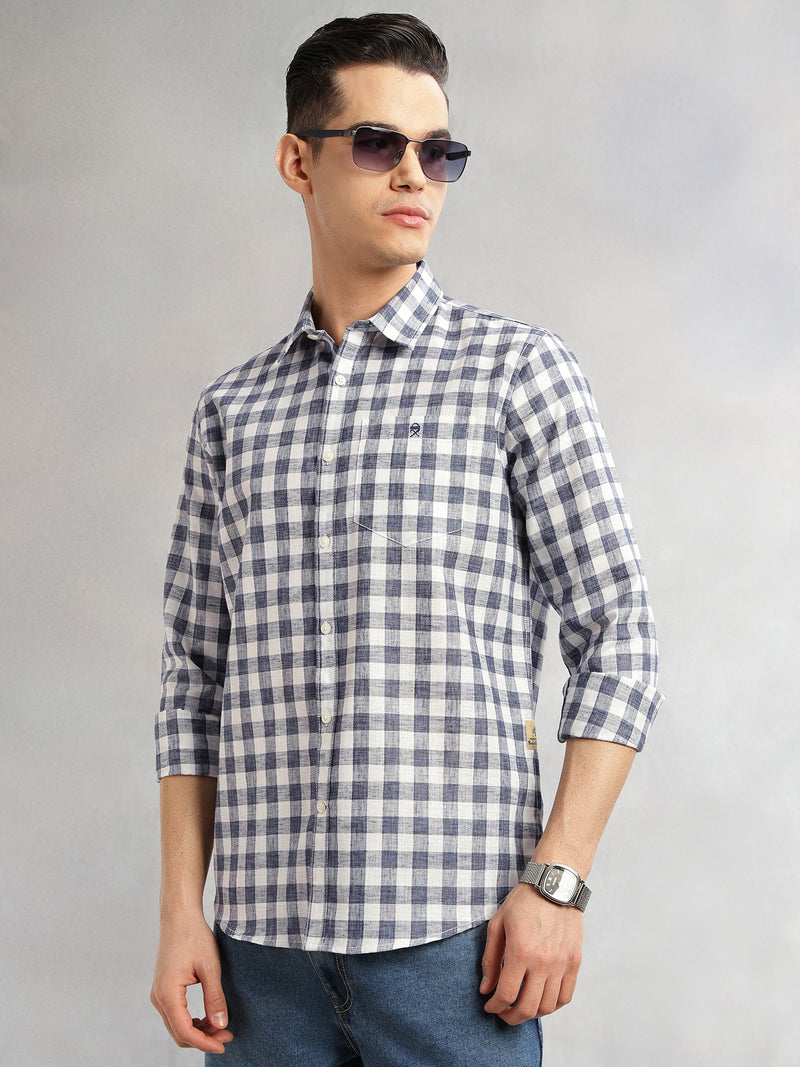 Thomas Scott Men Navy Slim Fit Long Sleeves Gingham Checks Spread Collar Cotton Linen Casual Shirt